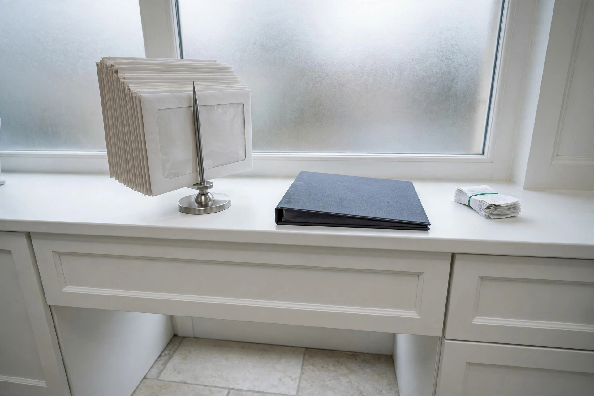 Cool-neutral overcast on a dental reception counter of white millwork, with a steel bill spike of window envelopes, an unopened check binder, and a short green-banded stack of vendor receipts, for QuickBooks unpaid bills from Grok.
