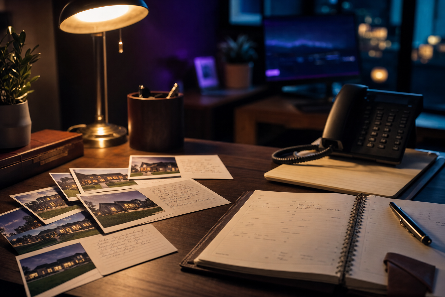 Real estate office desk after hours with lead intake cards, appointment book, and a ringing phone resting on handwritten notes under warm desk lamp light