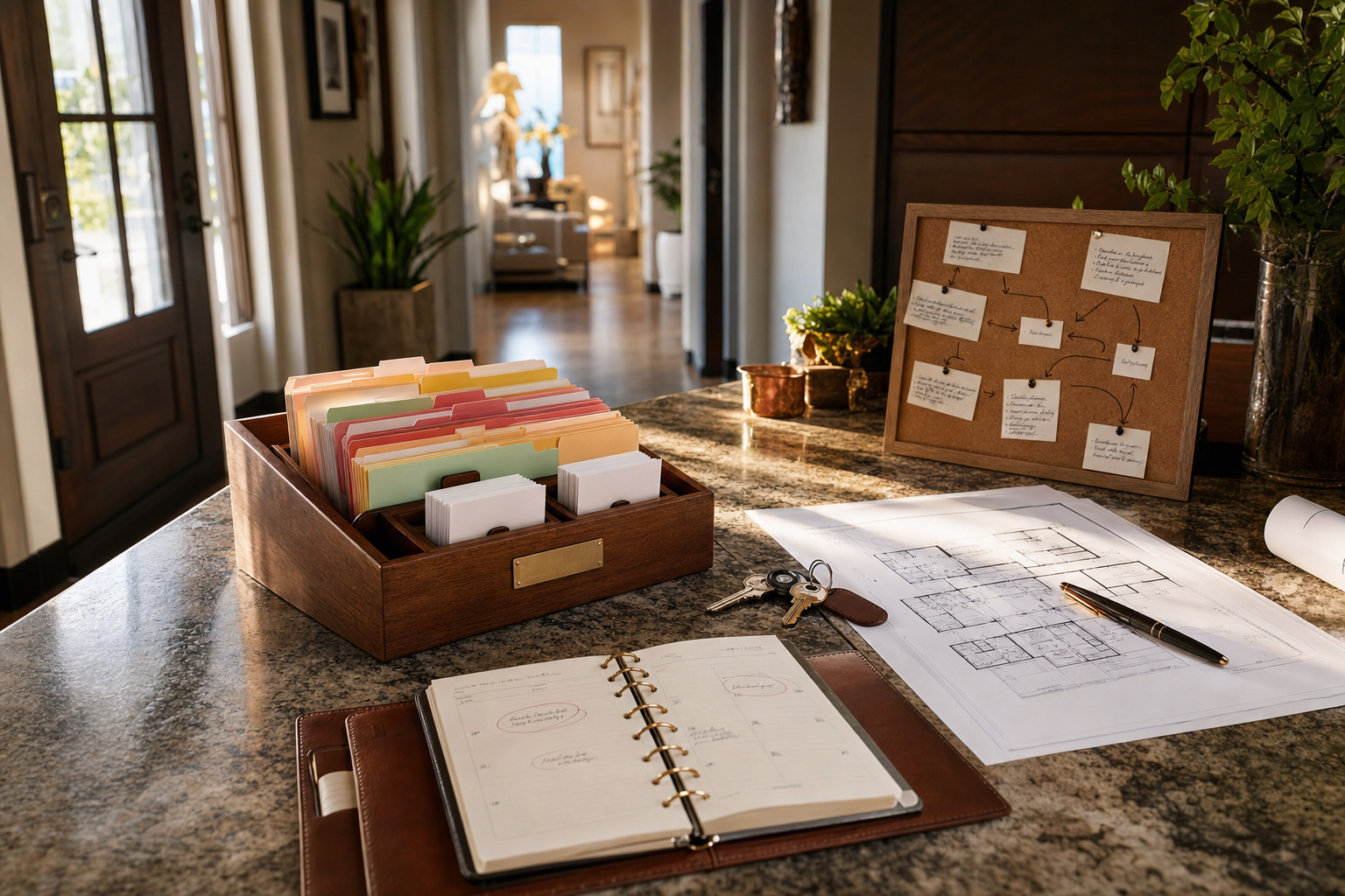 A clean real estate operations desk showing real estate CRM pipeline stages as organized contact cards, paper files, keys, and a marked planner.