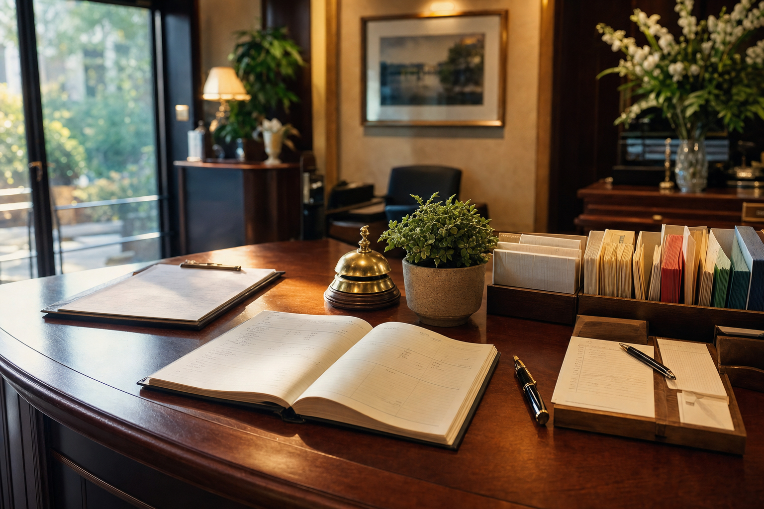 Receptionist software alternatives shown as an organized front-desk workflow with a paper visitor log, appointment book, and call notes in warm light.