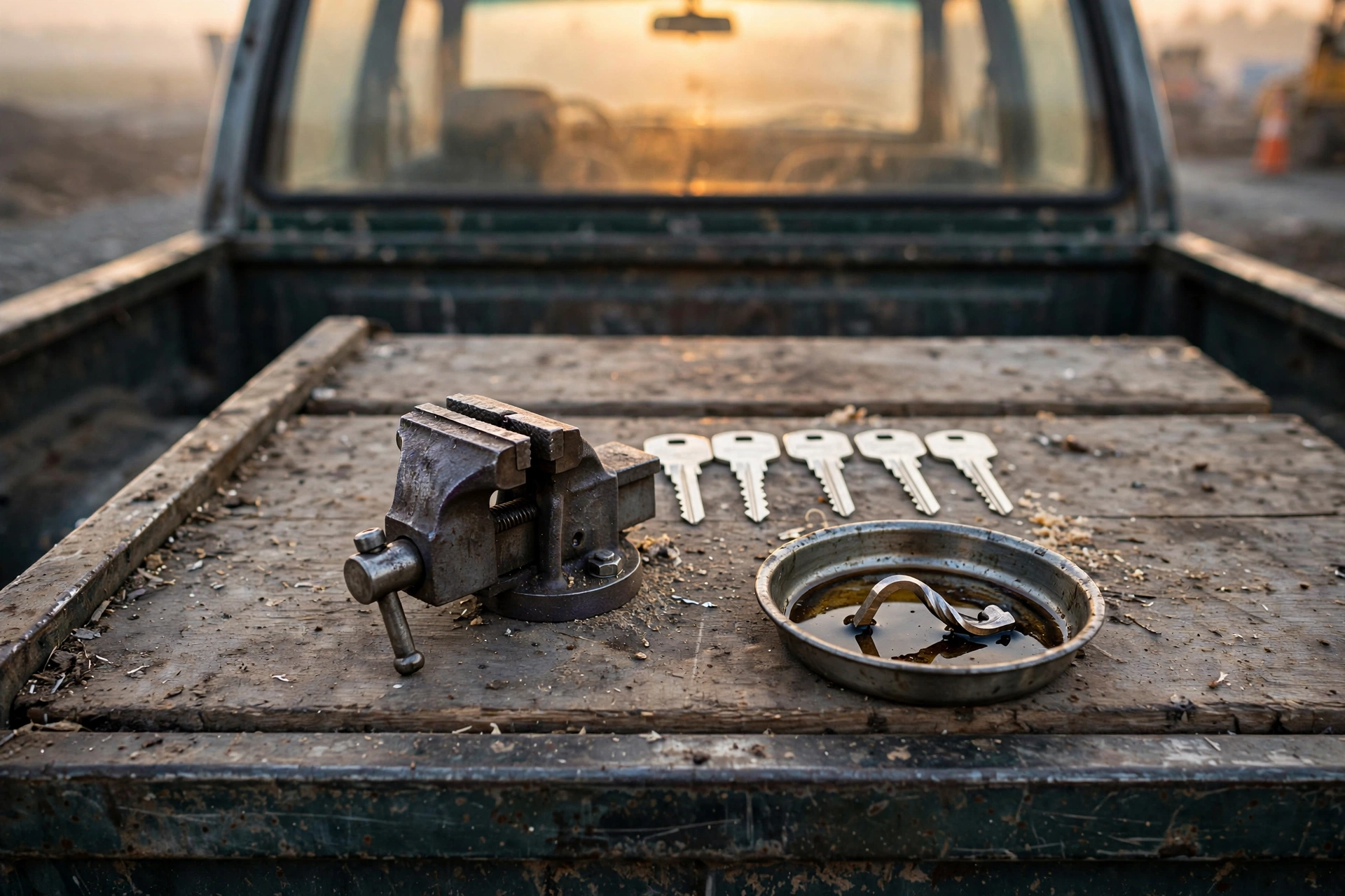 Dawn windshield amber on a contractor truck tailgate: refresh token security review cost, shown as a worn brass master key blank in a cutting vise, five thin new aluminum day keys, and one bent key in an oil pan.