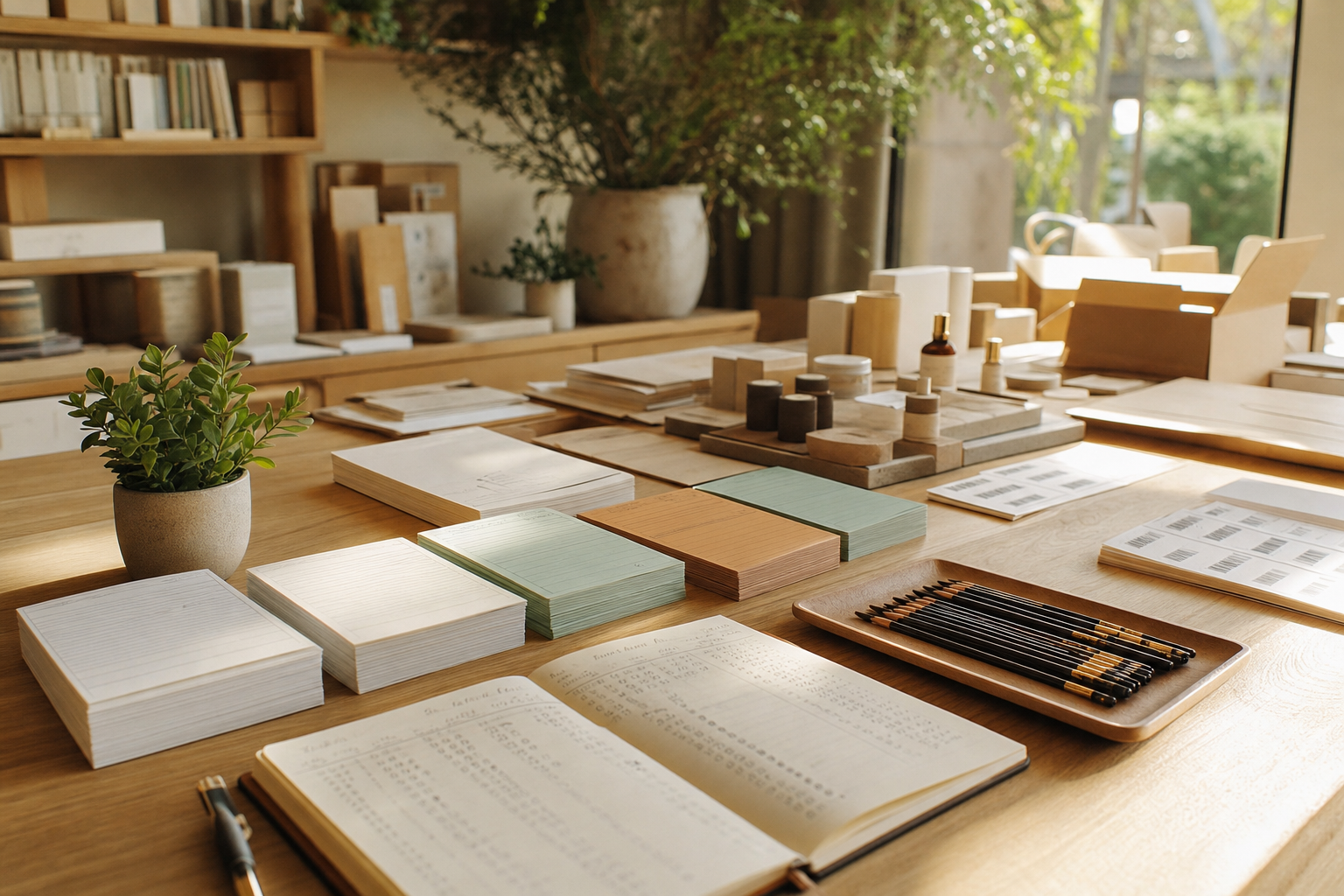 A warm ecommerce operations desk arranged for Rep AI pricing review with paper order cards, a cost ledger, and product samples.