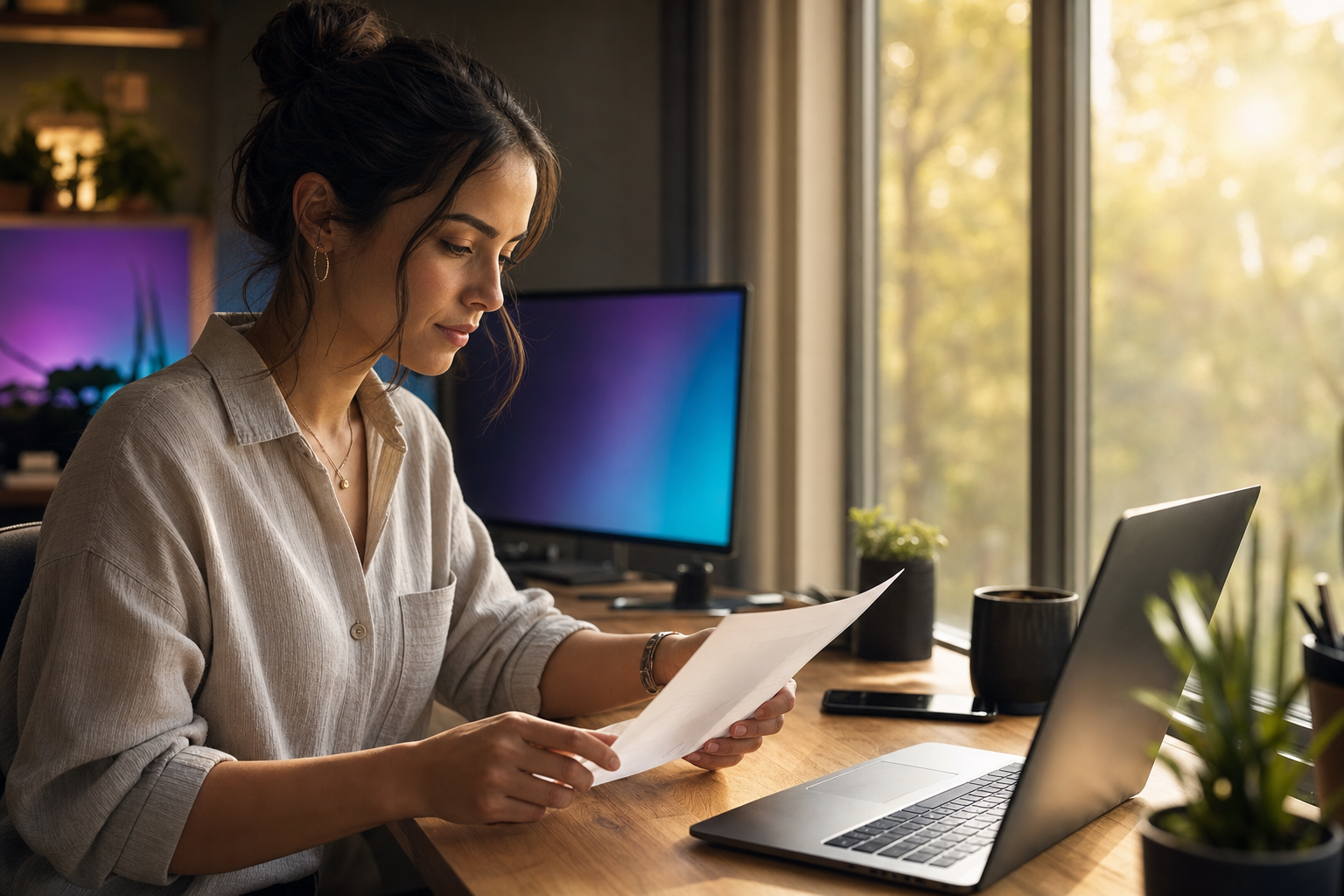 Solo business owner at a clean desk reviewing a task checklist with warm morning light streaming through a window, phone and laptop visible