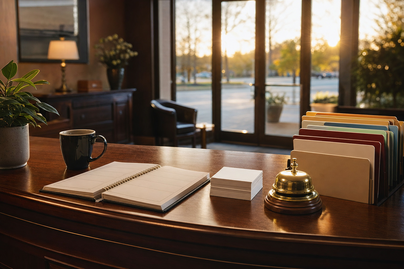 A calm front-desk workspace showing replace receptionist with AI planning through a paper call log, appointment book, and organized intake cards.
