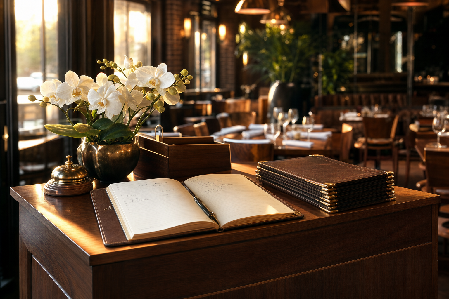 El tranquilo mostrador de recepción de un restaurante en la hora dorada, con un libro de reservas en papel, una campanilla de bronce y flores frescas, y el teléfono en silencio sobre su base.