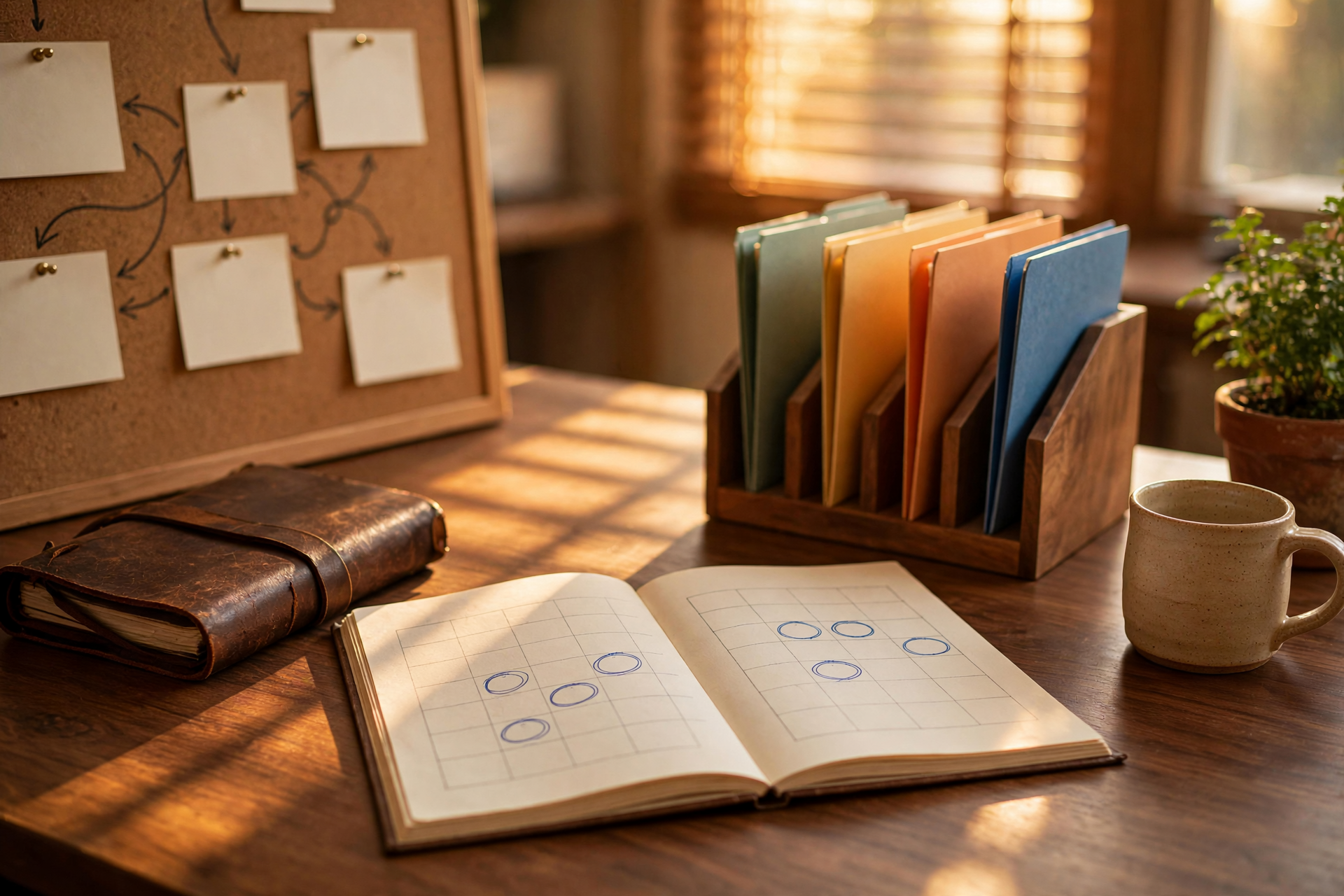 RingCentral AI receptionist cost shown as a quiet ops desk with a paper call log, appointment book, and color-coded client folders.