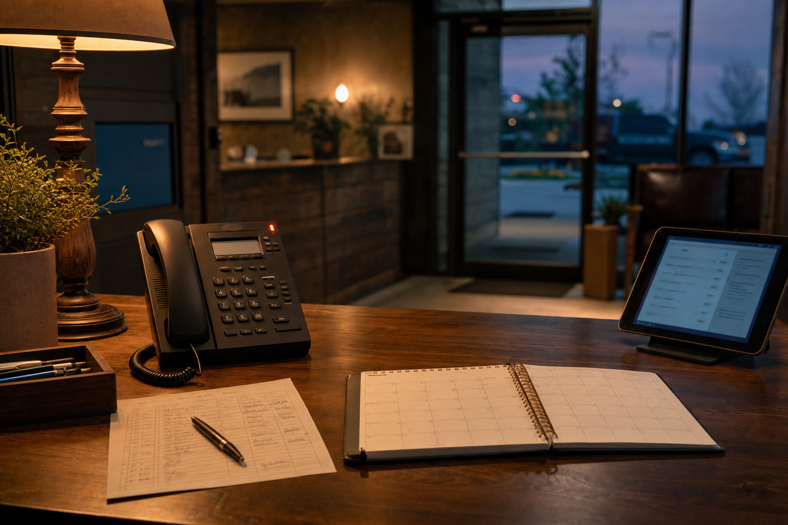 A quiet small-business front desk at dusk with a ringing phone, a printed call log, and an open appointment calendar lit by warm lamplight.