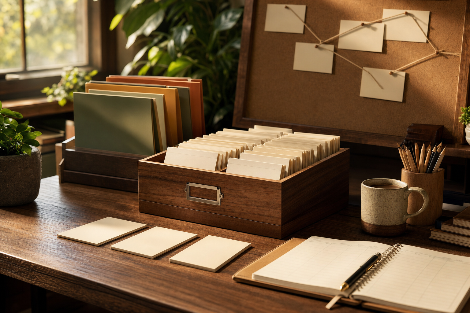 Run your business from your phone represented by an orderly desk with a paper exception queue, client cards, and a clearly mapped workflow.