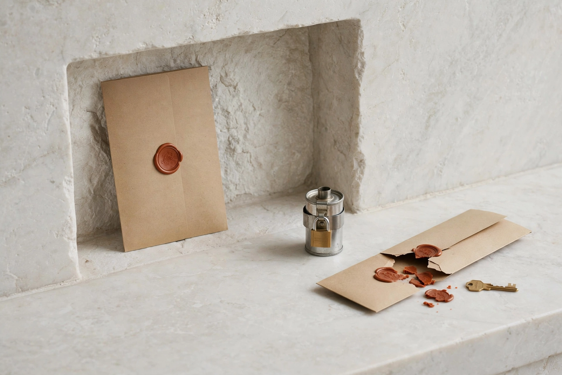 Soft bounced daylight on a pale marble station, with a wax-sealed photo sleeve, a padlocked steel canister, and a snapped seal beside a loose brass key, for S3 presigned URL security review cost.