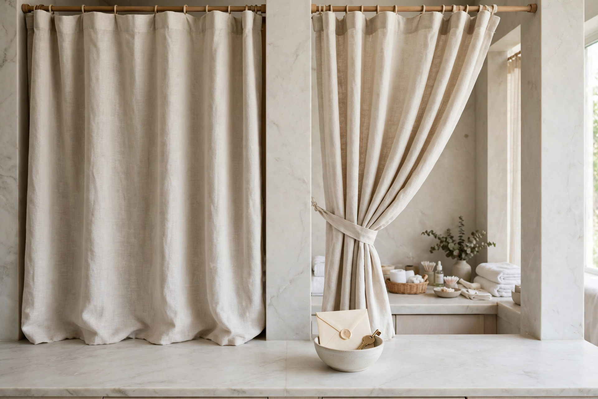 Two marble med-spa stations with one curtain pulled open into the other, a wax-sealed envelope, and a brass key in the wrong bowl, for a SaaS web app pentest.