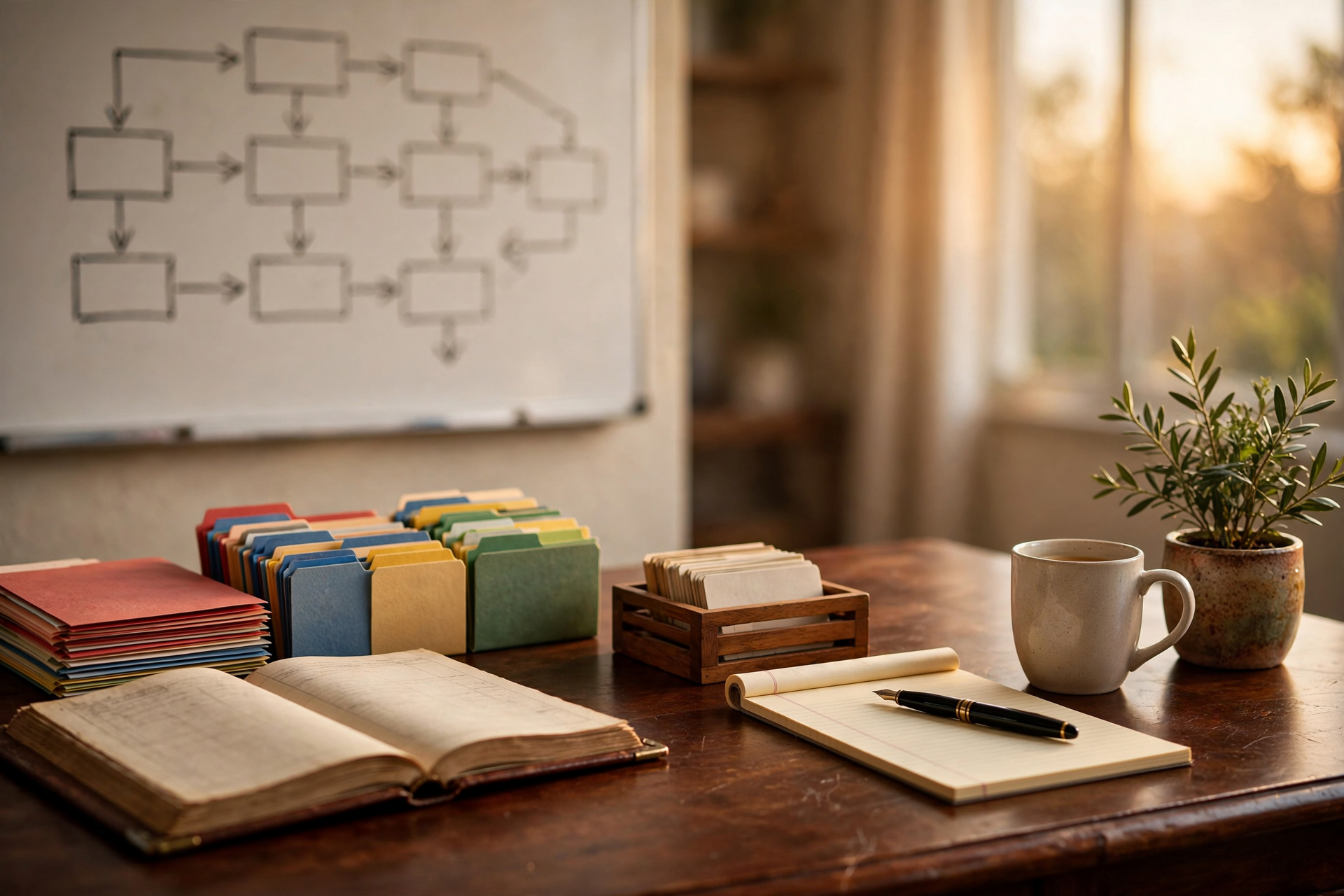 A calm sales desk with a handwritten pipeline board and color-coded account folders standing in for Salesforce in Claude, which still lives in chat, not on the shop phone.