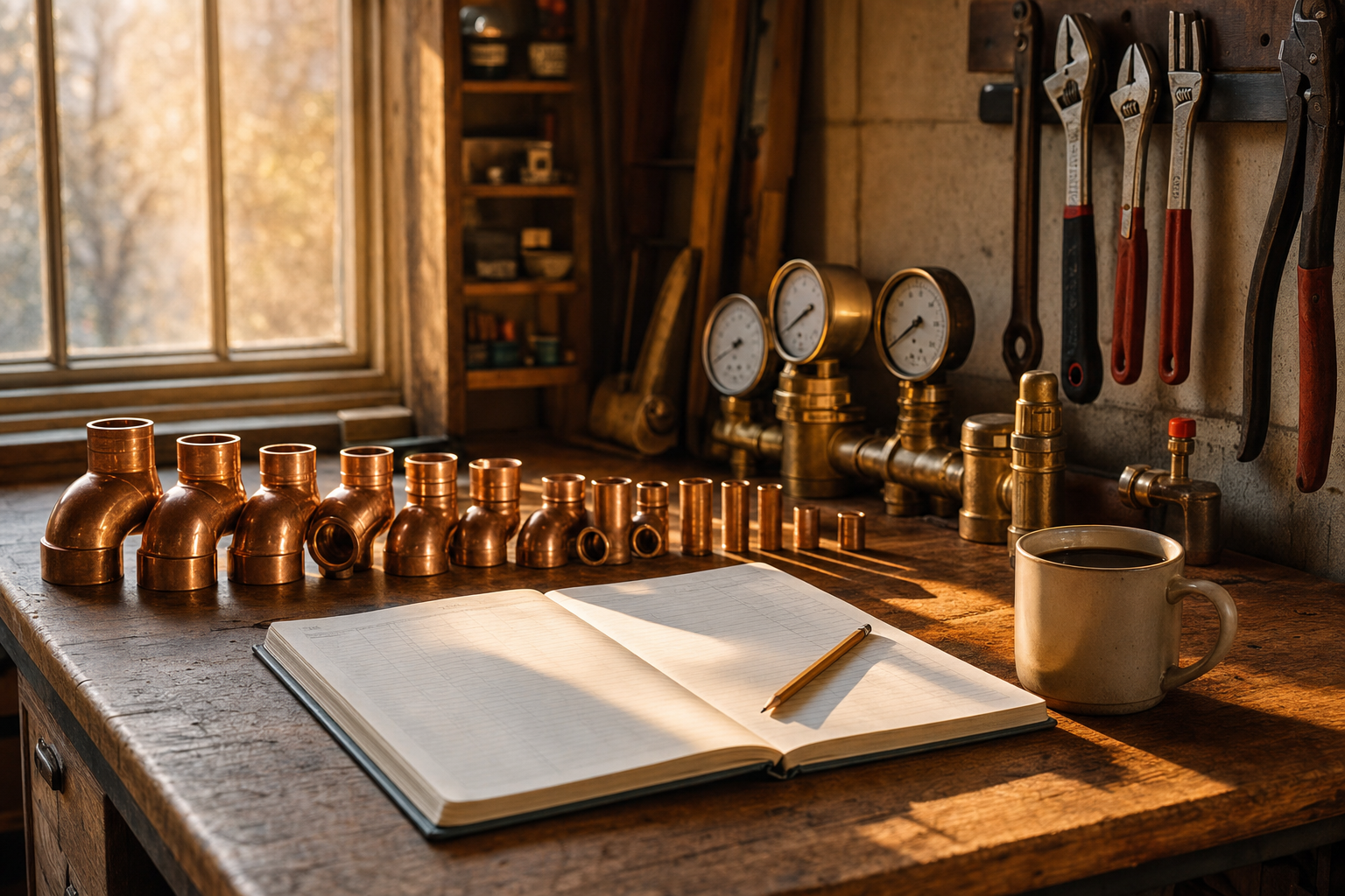 A clean, organized contractor's workshop bench with copper pipe fittings, a paper work-order log, and pressure gauges in warm afternoon light.