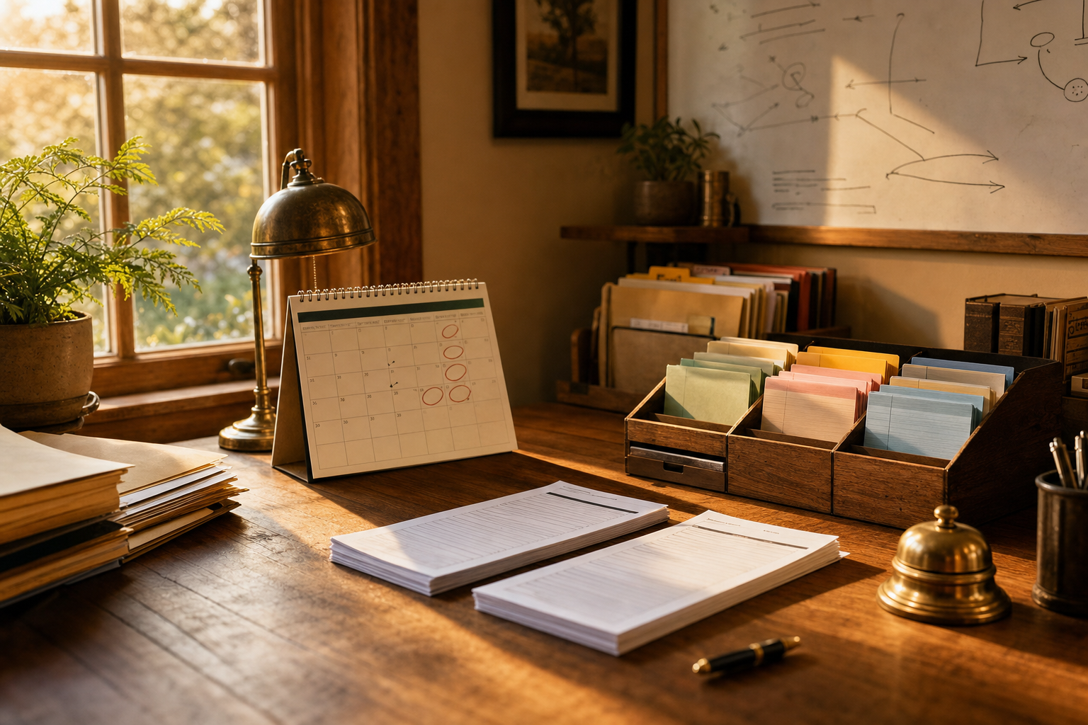 Un plan de centro de llamadas para desborde estacional mostrado como un escritorio de operaciones tranquilo con registros de llamadas en papel, un calendario con fechas marcadas en círculo y tarjetas de clientes ordenadas cuidadosamente.