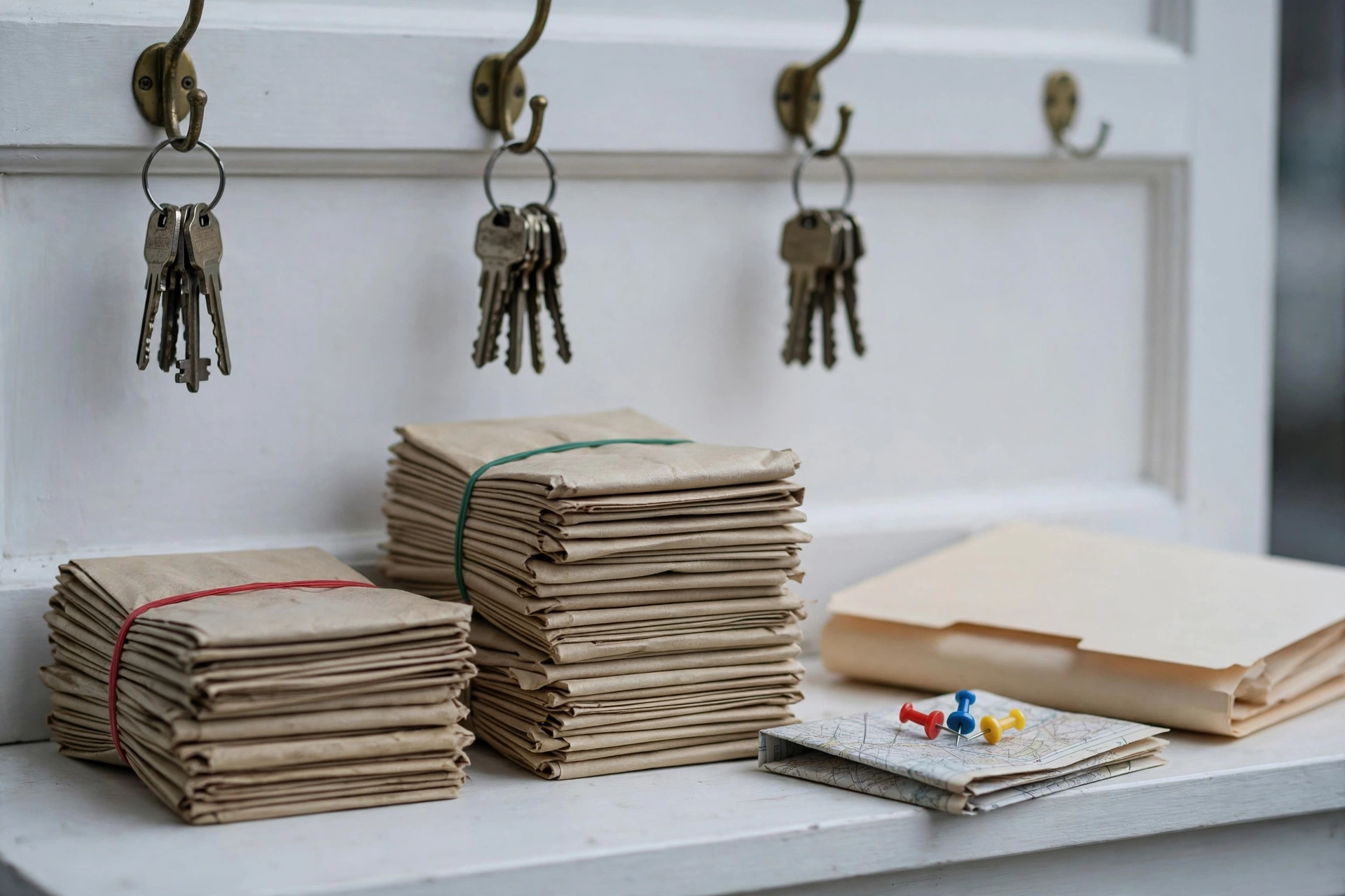 Cool overcast light on a white millwork reception counter, with red-banded and green-banded job jackets, one unbanded jacket, and brass van-key hooks with one hook empty, for ServiceTitan jobs tomorrow from ChatGPT.