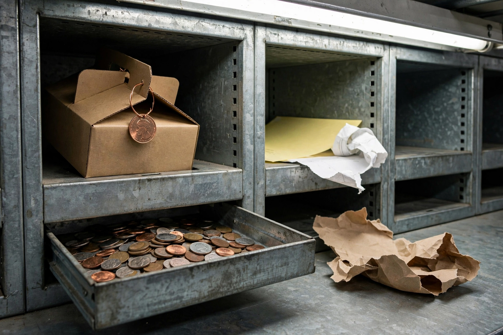 Overhead industrial light on a warehouse mail-room wall: Shopify order to QuickBooks invoice as a kraft carton with a copper paid token on the handle, a blank yellow carbon invoice in a steel pigeonhole, and an open coin drawer beside a torn packing list.