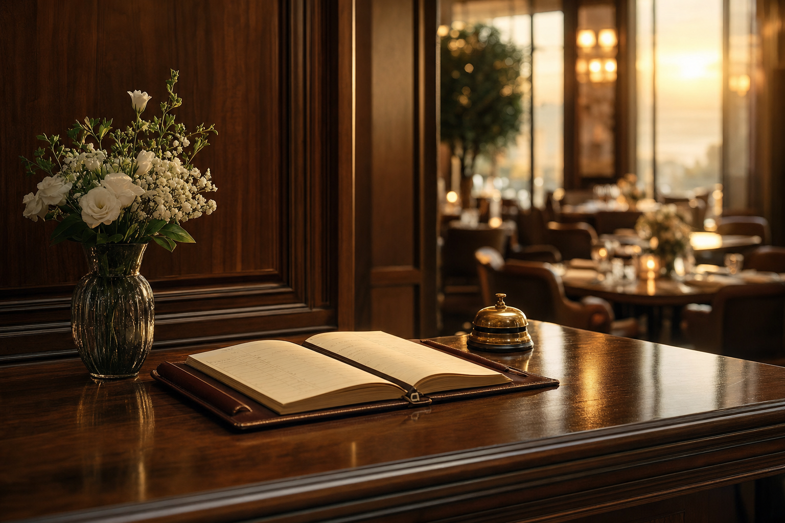 Un tranquilo y perfectamente organizado mostrador de recepción de restaurante a la hora dorada, con un libro de reservaciones de cuero, un pequeño jarrón con flores frescas y un revestimiento de madera cálida al fondo.