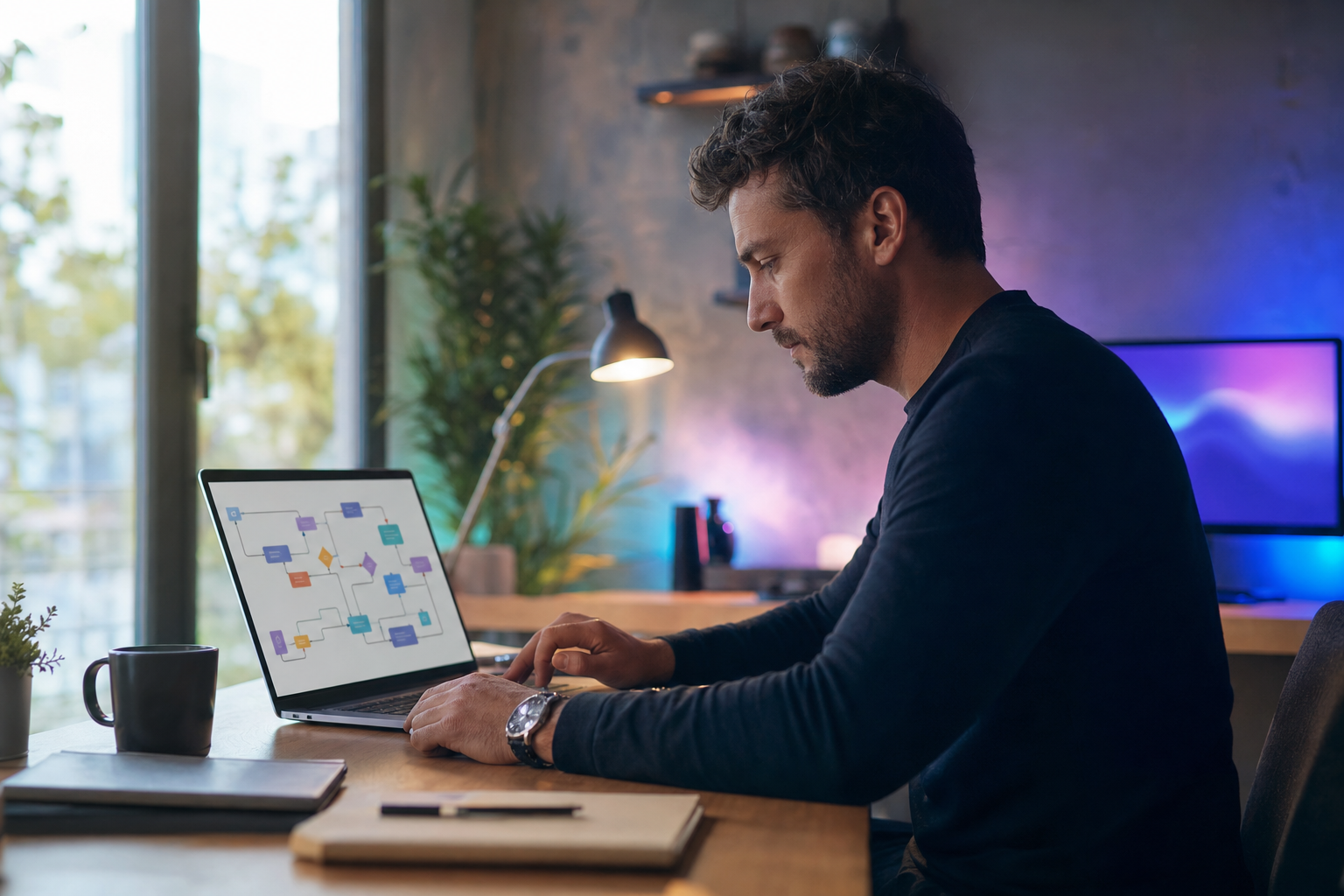 Un dueño de pequeño negocio revisando un flujo de trabajo de automatización en una laptop sobre un escritorio ordenado, luz natural cálida entrando por una ventana, resplandor violeta de una segunda pantalla, profundidad de campo cinematográfica