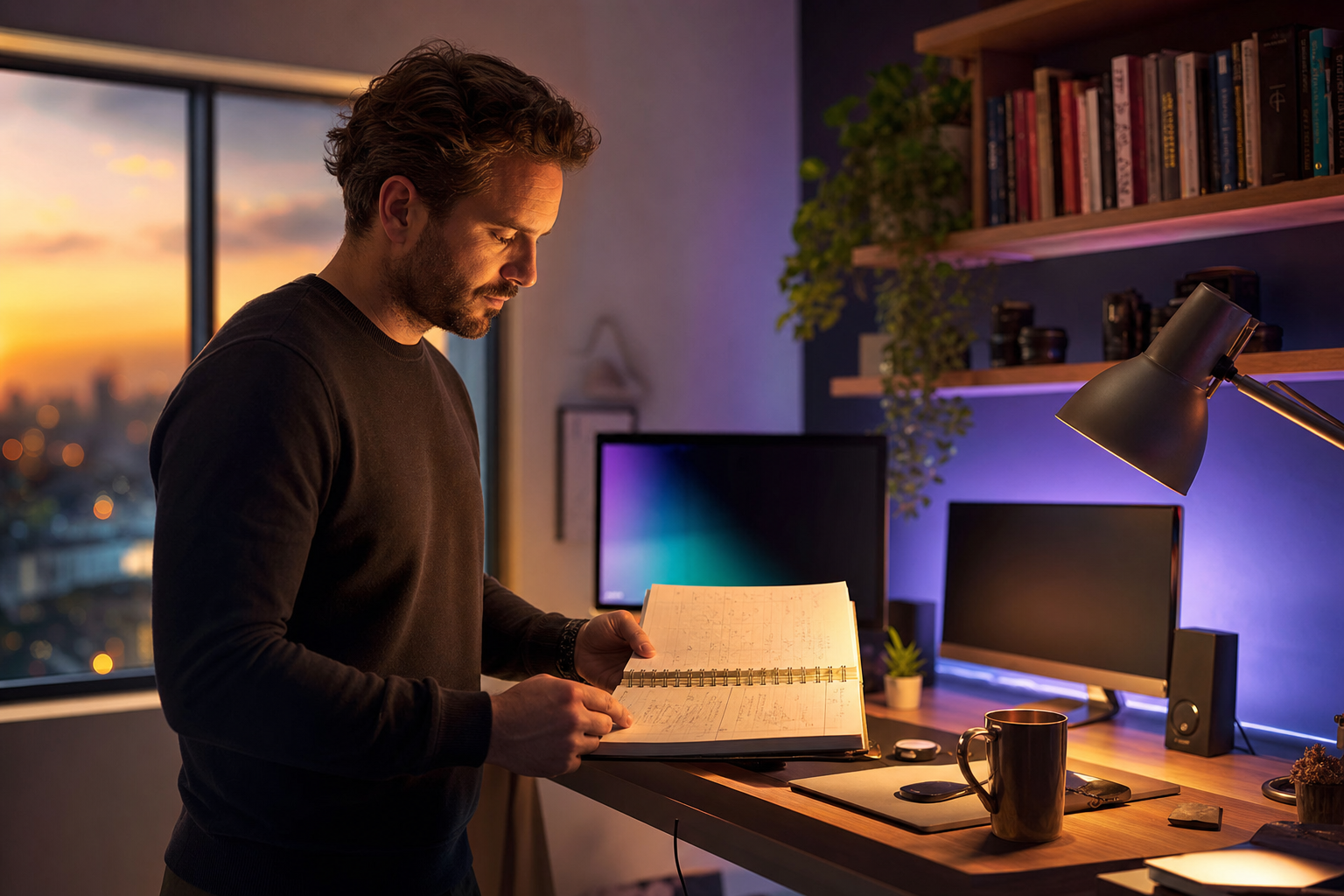 Dueño de negocio revisando un cuaderno de estrategia en un escritorio de pie en una cálida oficina en casa al atardecer, luz ámbar de lámpara, resplandor ambiental violeta y cian de un segundo monitor al fondo, fotografía editorial cinematográfica