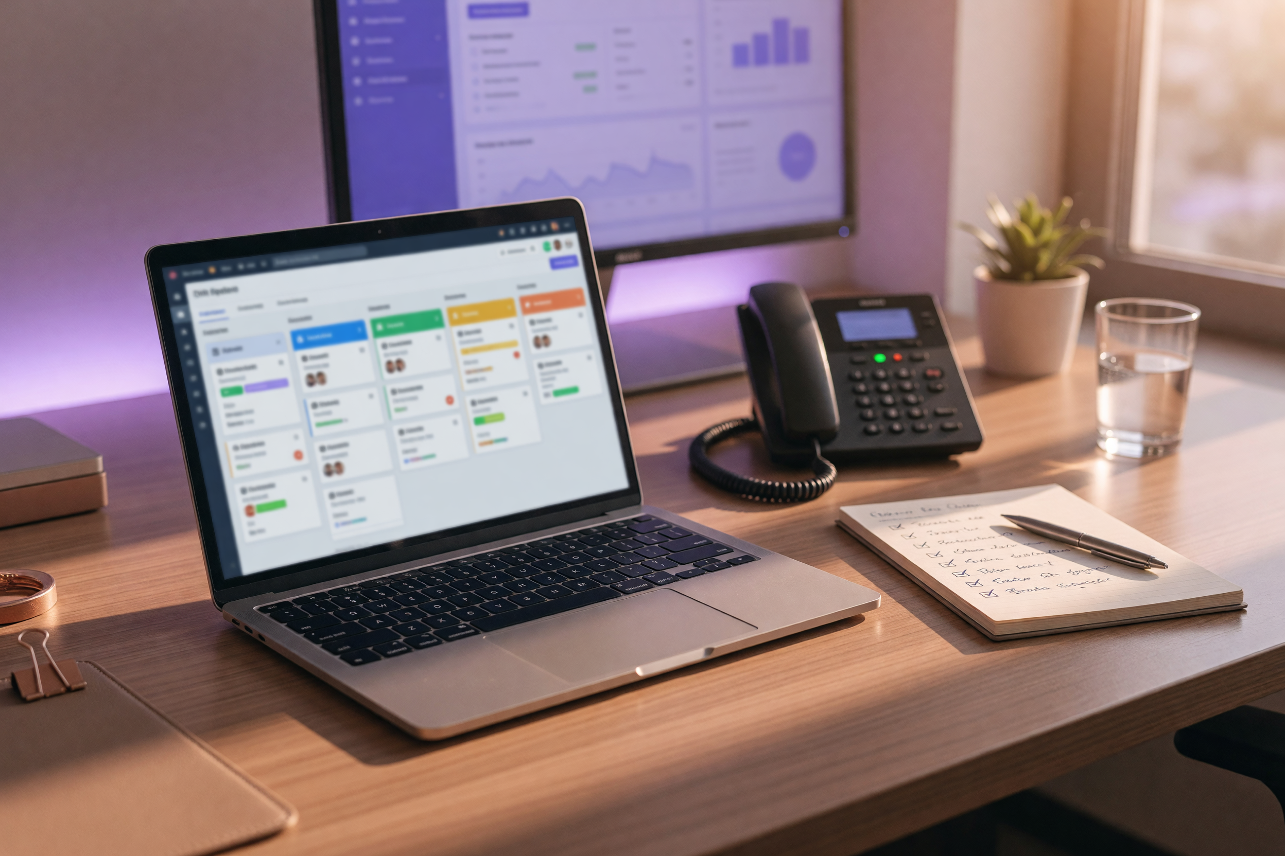 El escritorio de un negocio de servicios con una laptop abierta que muestra un pipeline de prospectos en CRM, un teléfono de negocios y un bloc de notas con apuntes de seguimiento, luz natural cálida de la tarde entrando por una ventana, resplandor violeta de un segundo monitor