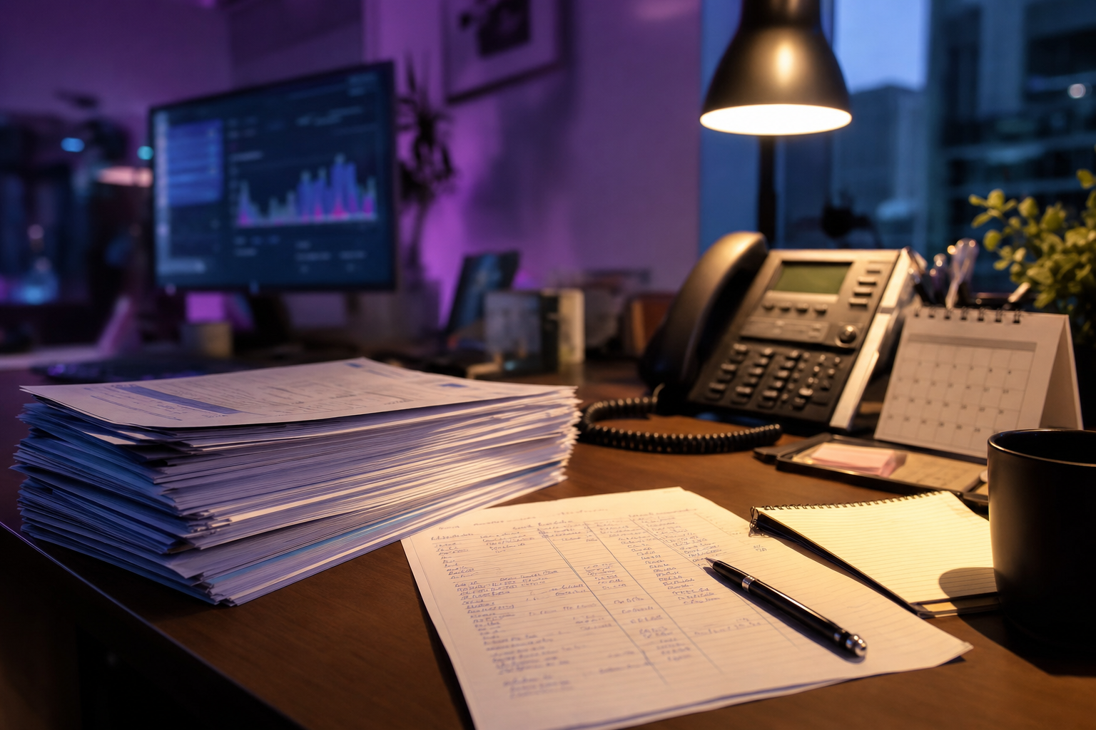 A small business desk with billing statements, a business phone, and a printed cost comparison document under warm amber light