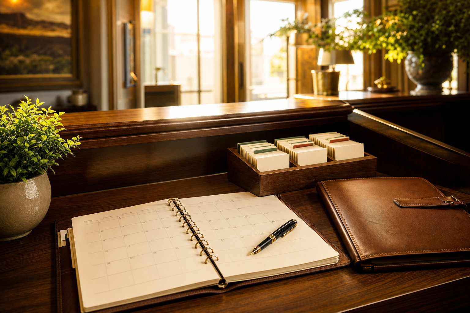 Una recepción de citas ordenada ilustra una alternativa a las reservas de citas de Smith.ai con un calendario de papel, fichas de clientes y una pluma fuente.
