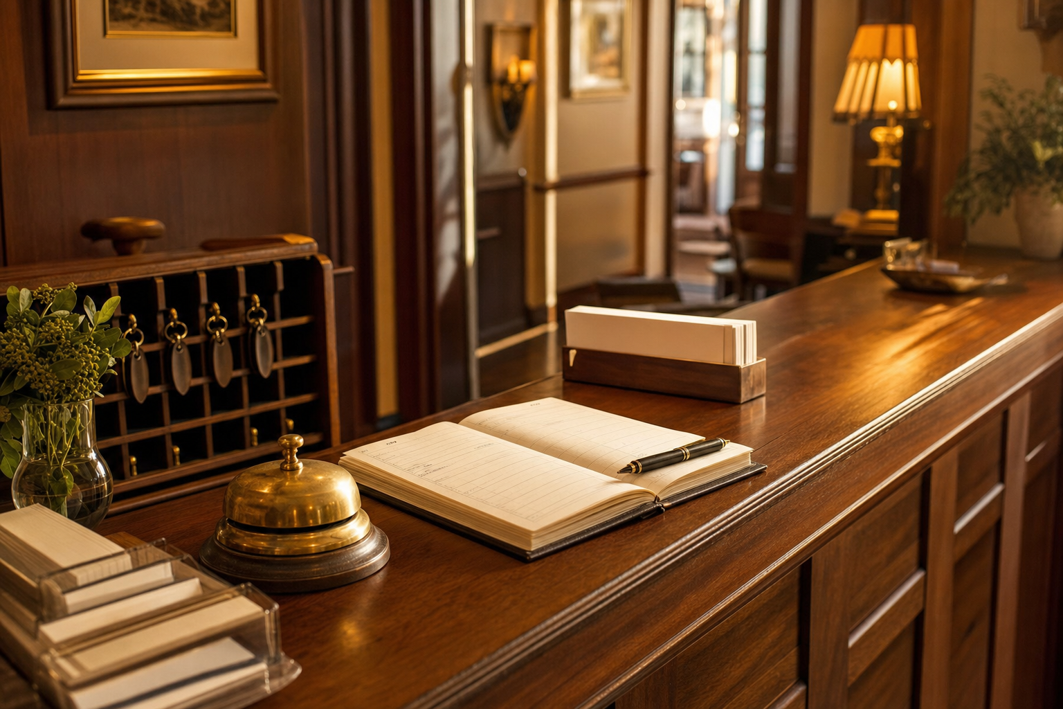 A quiet front desk for a Smith.ai human answering service alternative with a paper appointment book, call bell, and organized intake cards.