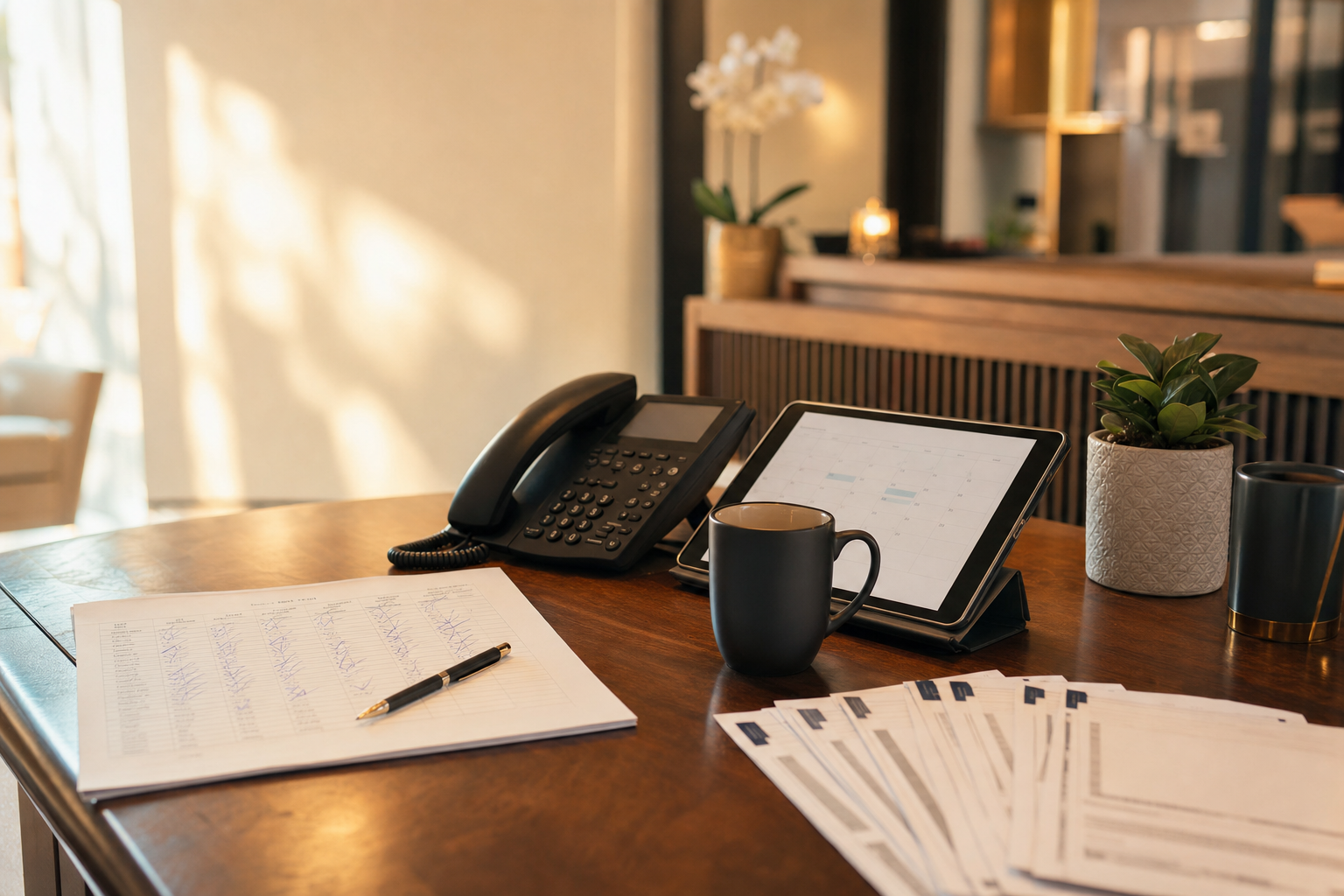 Un espacio de trabajo tranquilo en la recepción con un teléfono, un registro de llamadas impreso y un calendario abierto en una tableta bajo la cálida luz de la mañana.