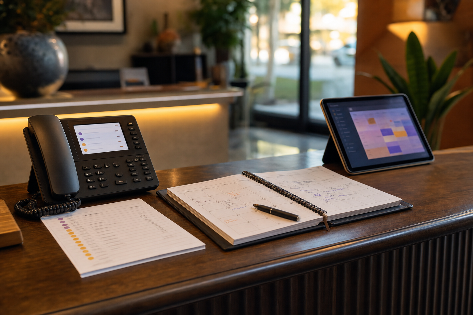 Un tranquilo escritorio de recepción de pequeña empresa con un teléfono, un registro de llamadas impreso y un calendario de citas abierto iluminado por la cálida luz de la tarde.