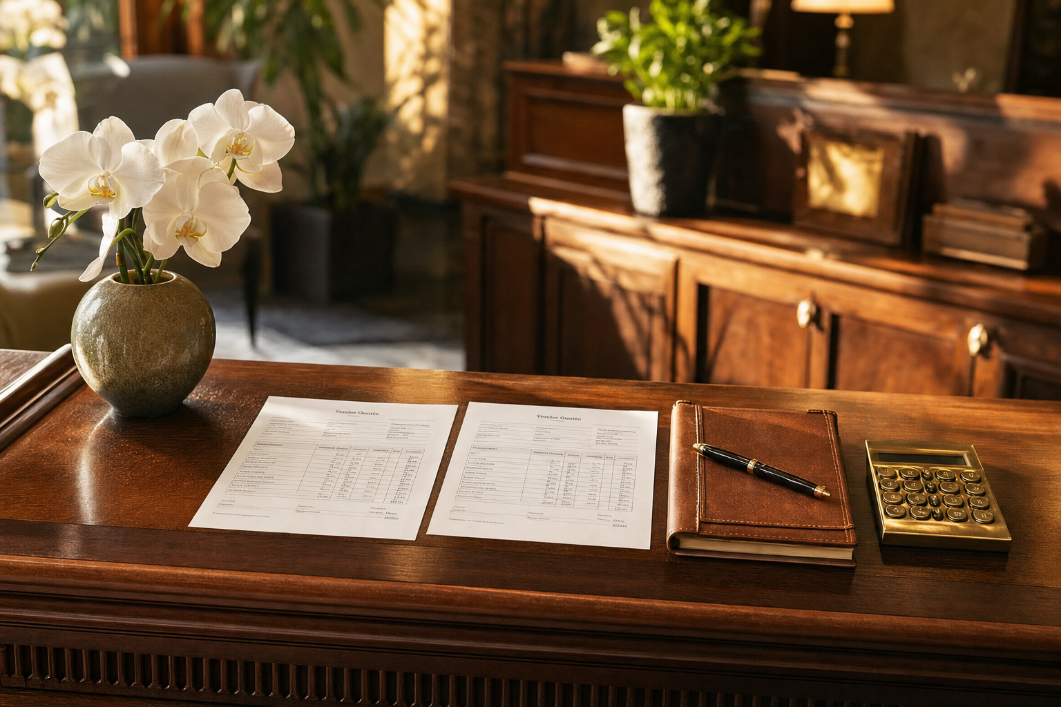 Un escritorio de recepción ordenado de una pequeña empresa, iluminado con luz cálida de tarde, con dos cotizaciones de proveedores impresas una al lado de la otra, un registro de llamadas escrito a mano y una calculadora, sin personas visibles.
