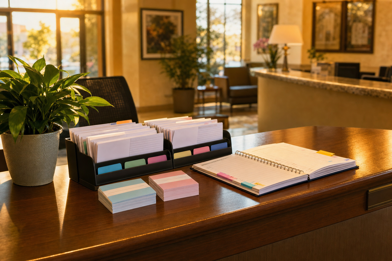 A Spanish AI receptionist for service businesses represented by an orderly front desk with paper call logs, appointment book, and warm natural light.