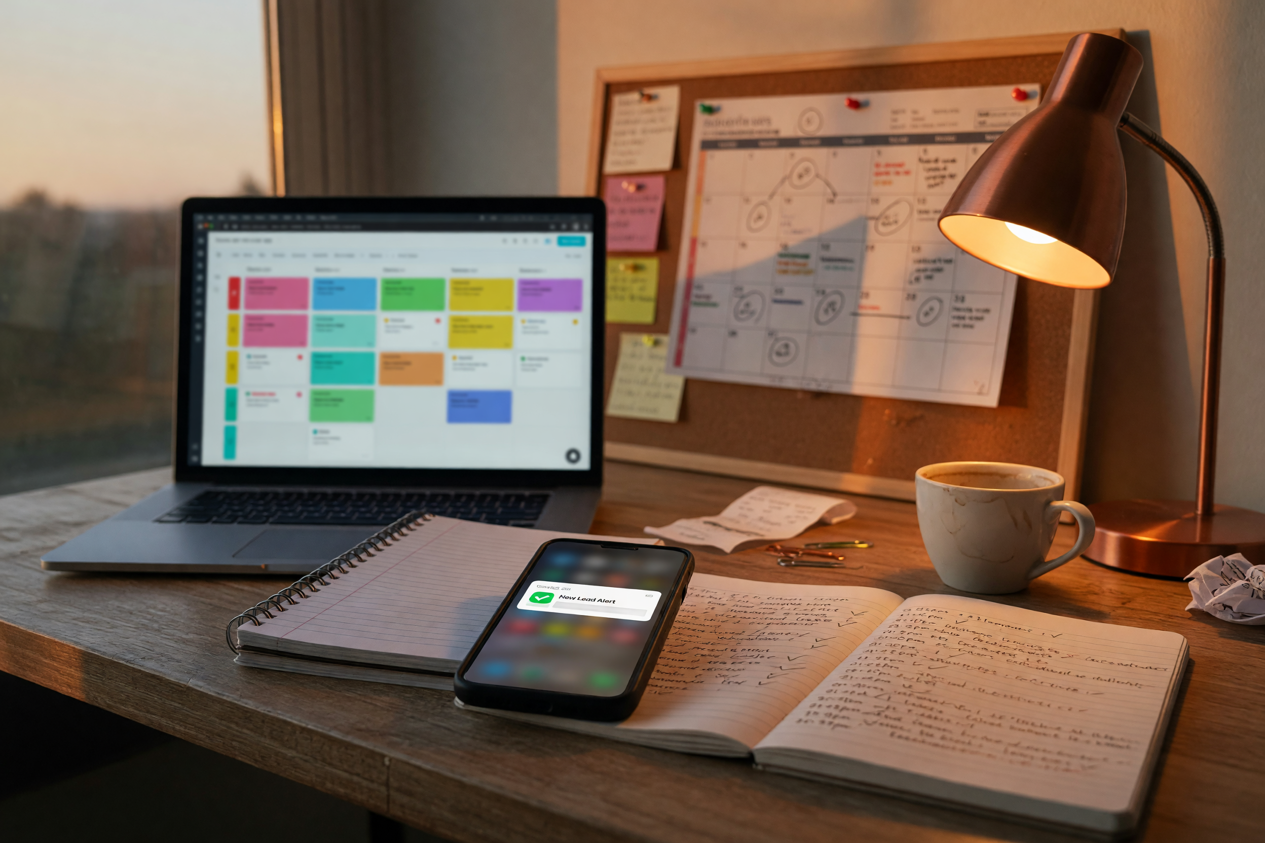 El escritorio de operaciones de un negocio de servicios al atardecer: teléfono apoyado contra una libreta que muestra una nueva notificación, laptop abierta con un pipeline de CRM en suave desenfoque, registro de llamadas escrito a mano, calendario de citas clavado en un tablero de corcho — luz cálida ámbar, sin personas