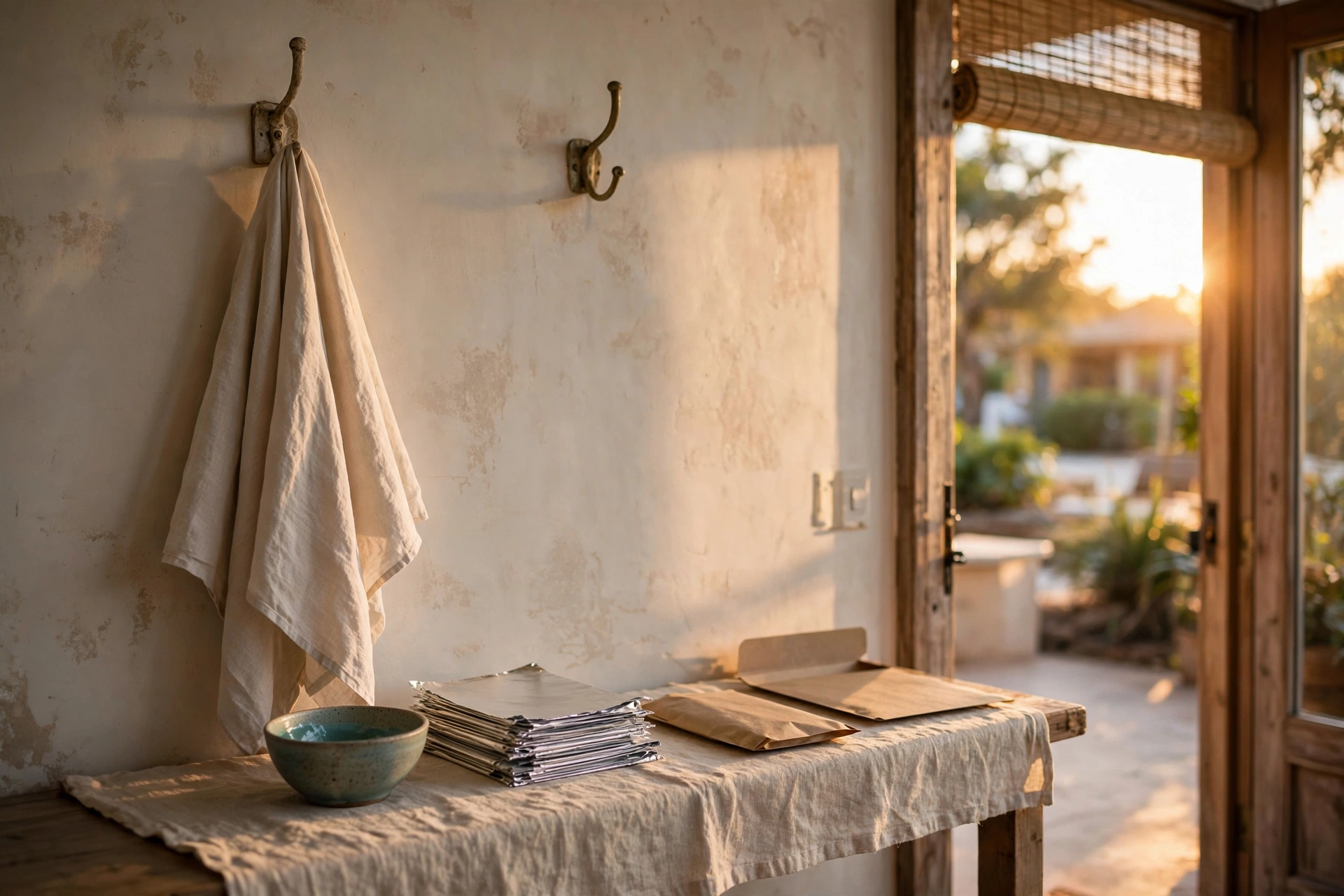 Late-day side light in a salon suite entry, brass and linen, with a tint bowl, foil sheets, and an empty deposit sleeve — the gap when you cannot yet book Square appointments from Claude.
