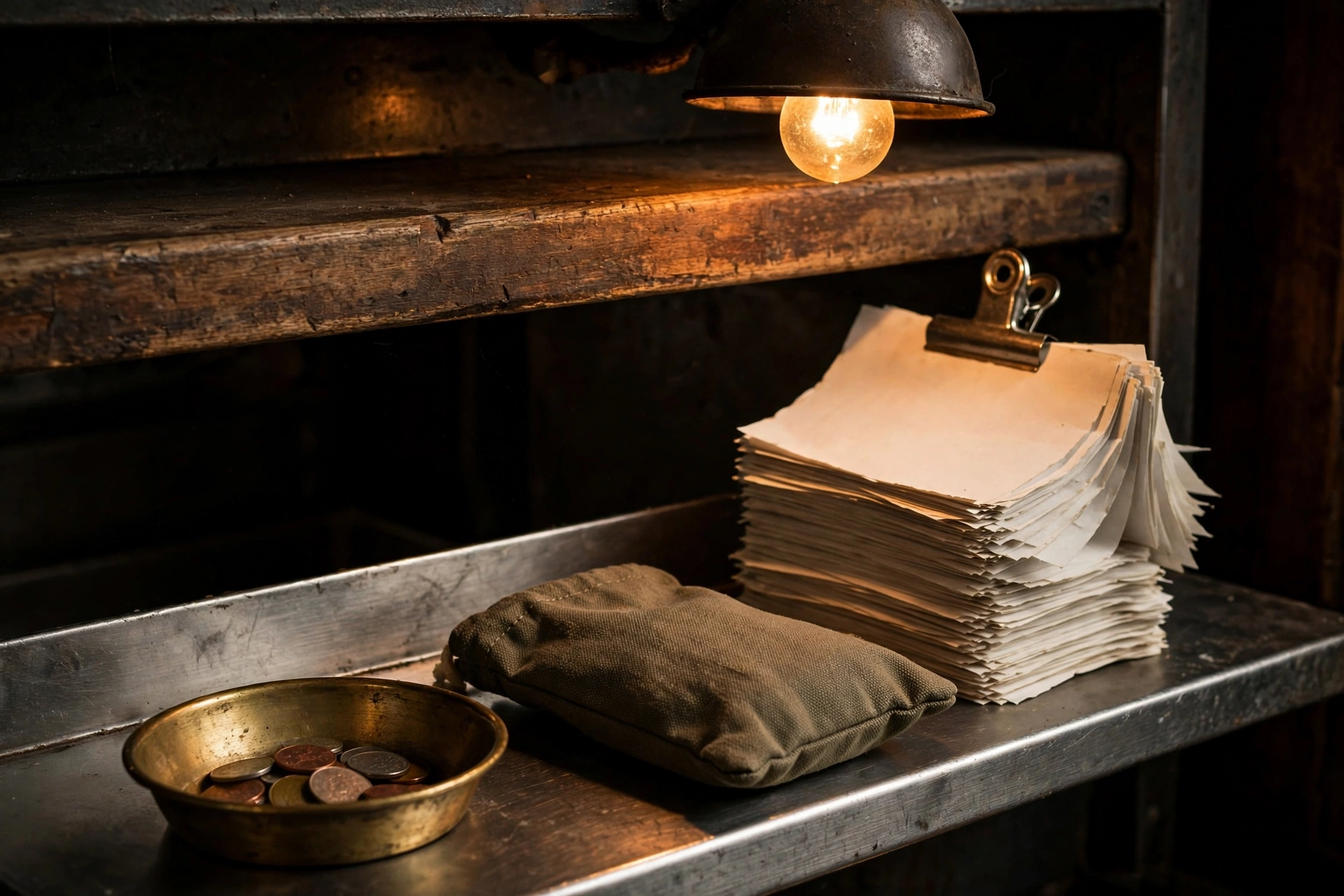 Square payout into QuickBooks at a restaurant pass: a thick stack of card slips, a smaller sealed night-drop pouch, and a brass fee cup under tungsten service light.