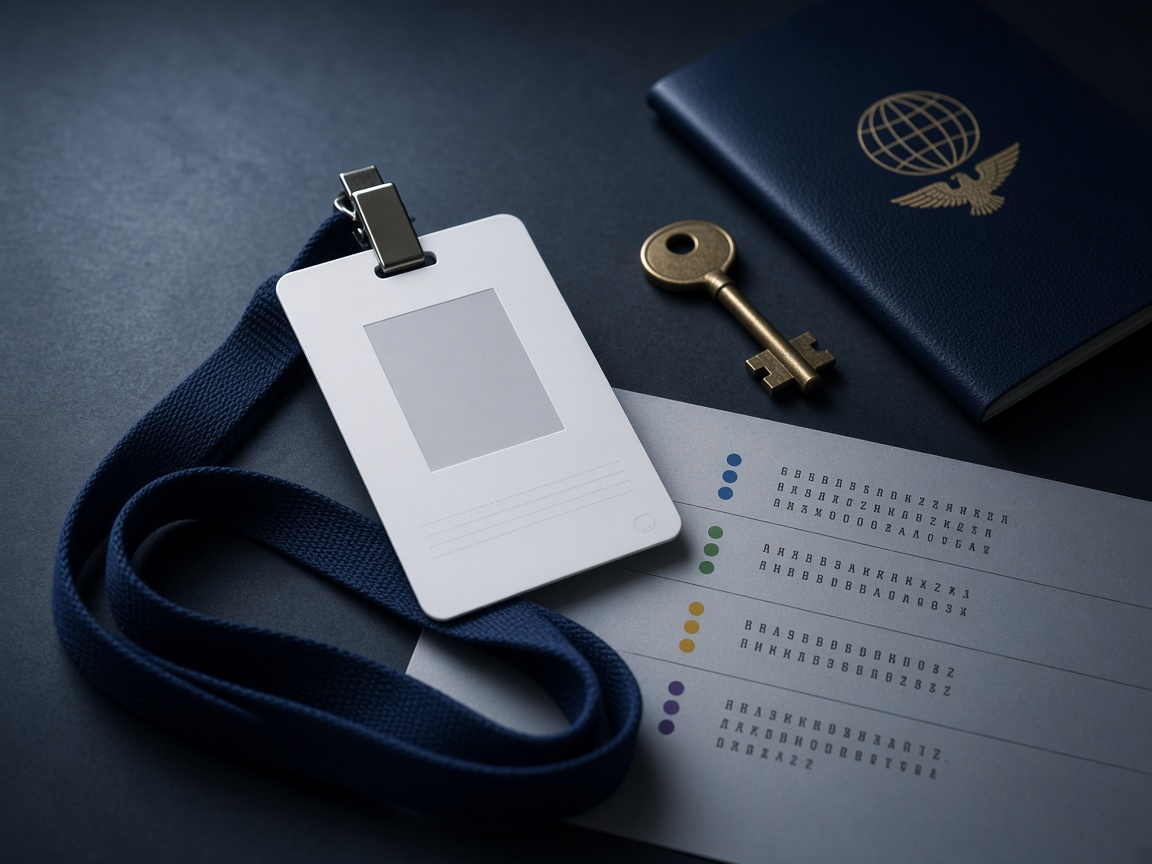 White access badge on a navy lanyard beside a printed role list for an Entra web app security review