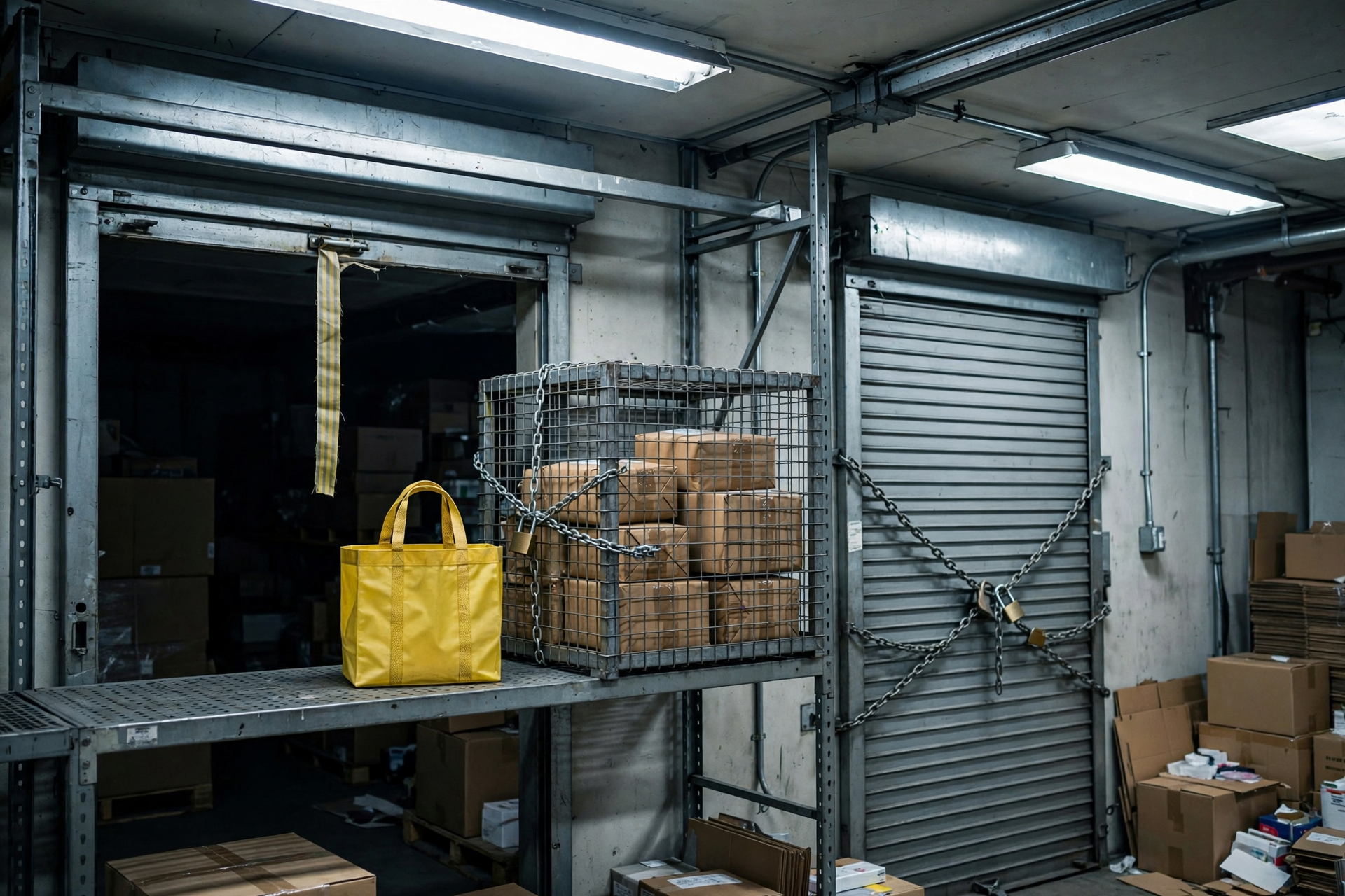 Luz industrial cenital en la pared de la sala de correo de un almacén, con un contenedor amarillo de práctica vacío, una jaula encadenada de paquetes sellados de clientes y una cinta de inspección en una sola bahía, para una revisión de seguridad de staging vs producción.
