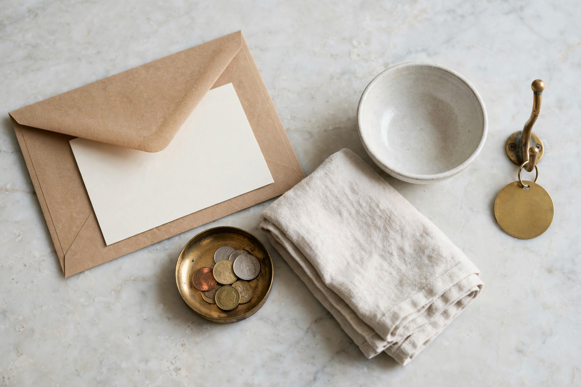 Soft bounced daylight on a salon marble station, with a sealed kraft deposit envelope, a brass coin tray, and a blank claim disc, for Stripe checkout from Claude.