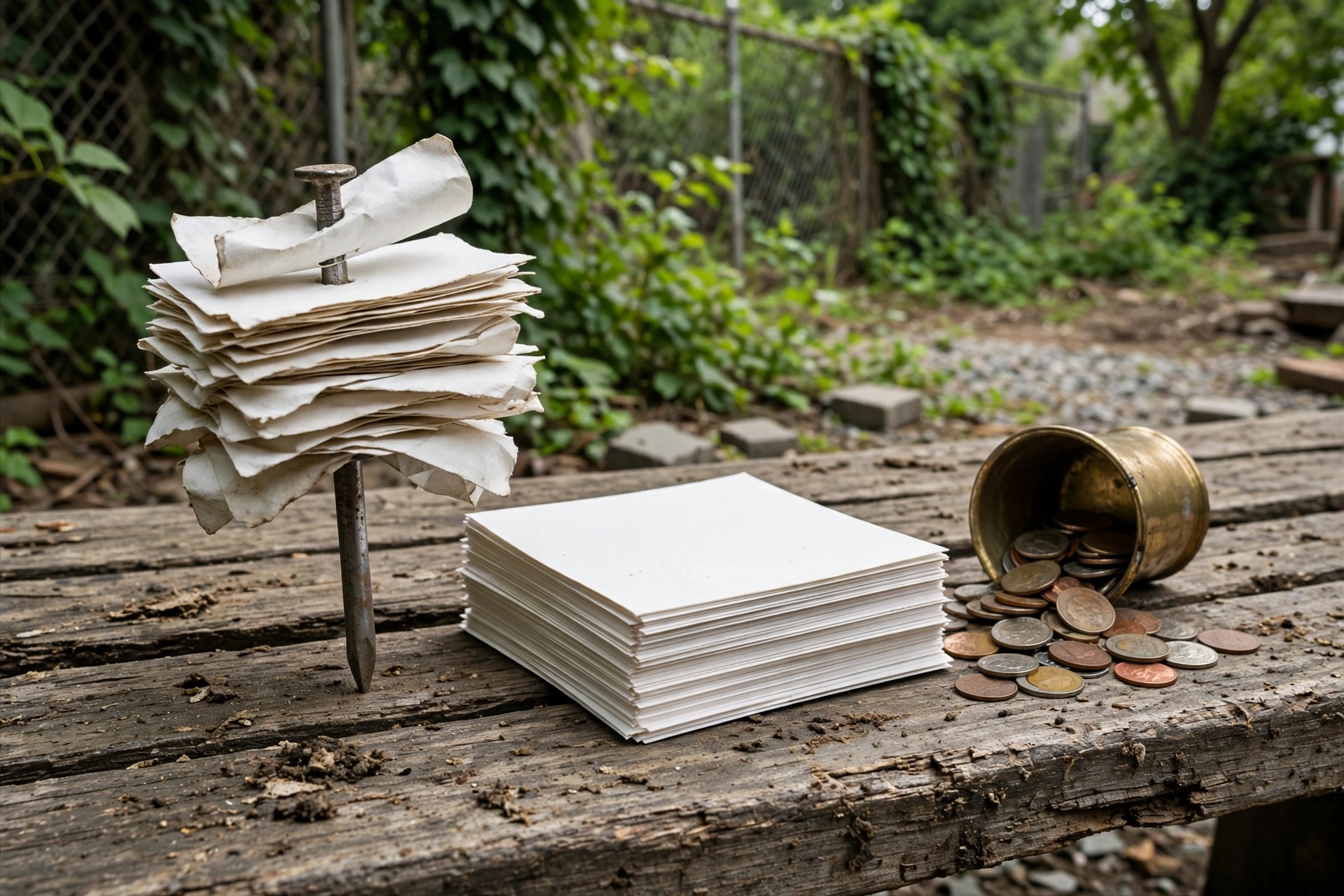 Open shade on a weathered bench in a service yard: Stripe failed payments from Grok as dog-eared card slips on a spike, a taller stack of smooth slips, and coins pushed back from a brass cup.