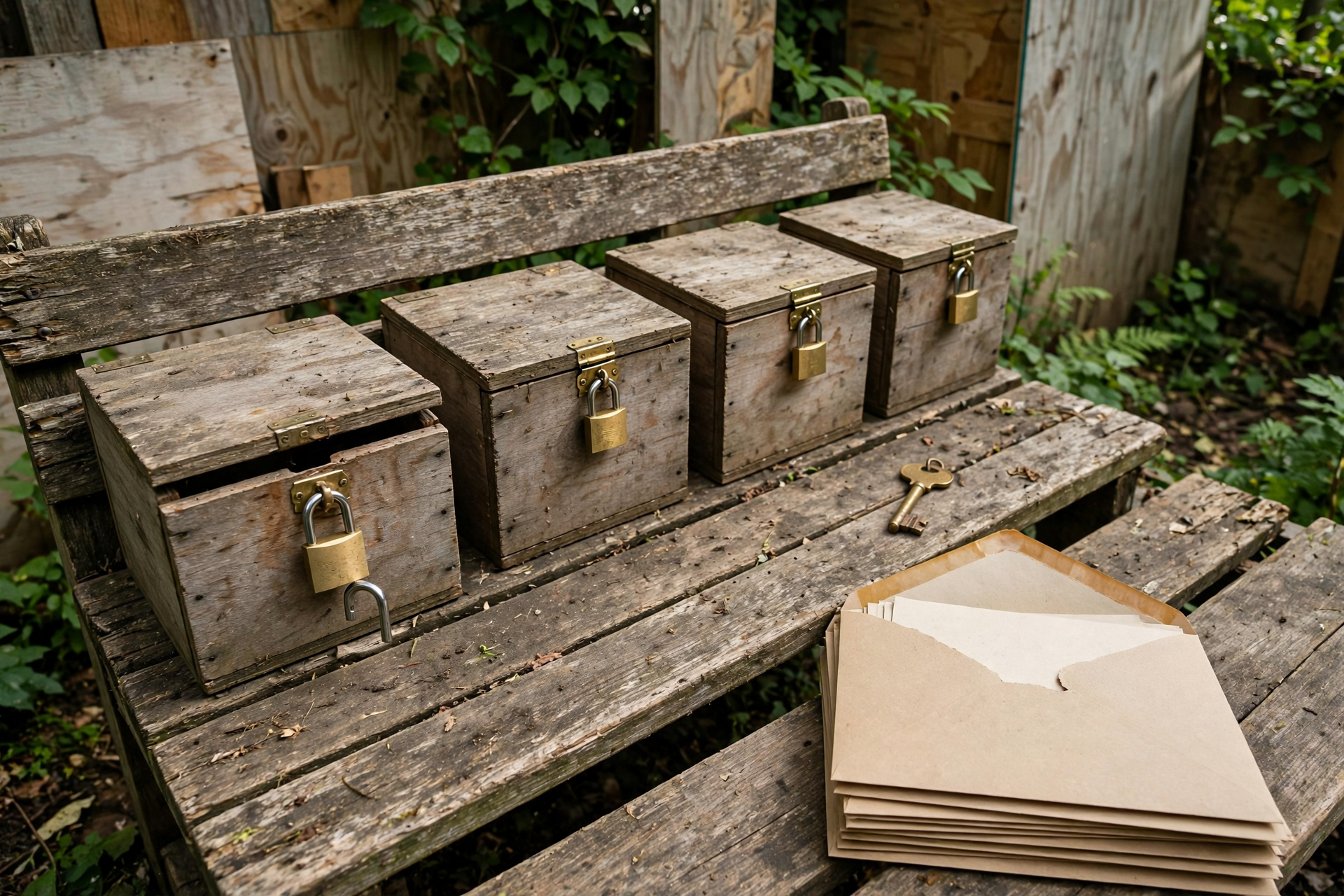 Supabase RLS security review in an outdoor service yard, with tenant bins, one open padlock, and a loose brass key on a weathered bench.