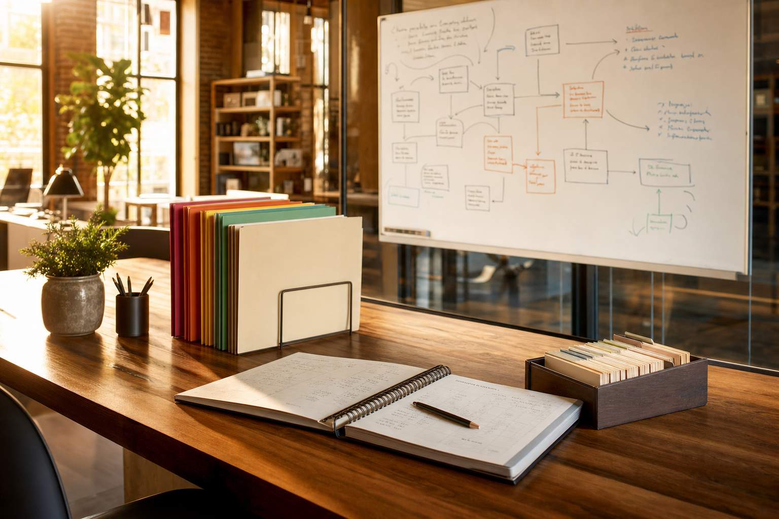 A system of record before AI agent setup shown as an organized operations desk with paper client ledgers, file folders, and a hand-drawn workflow map.