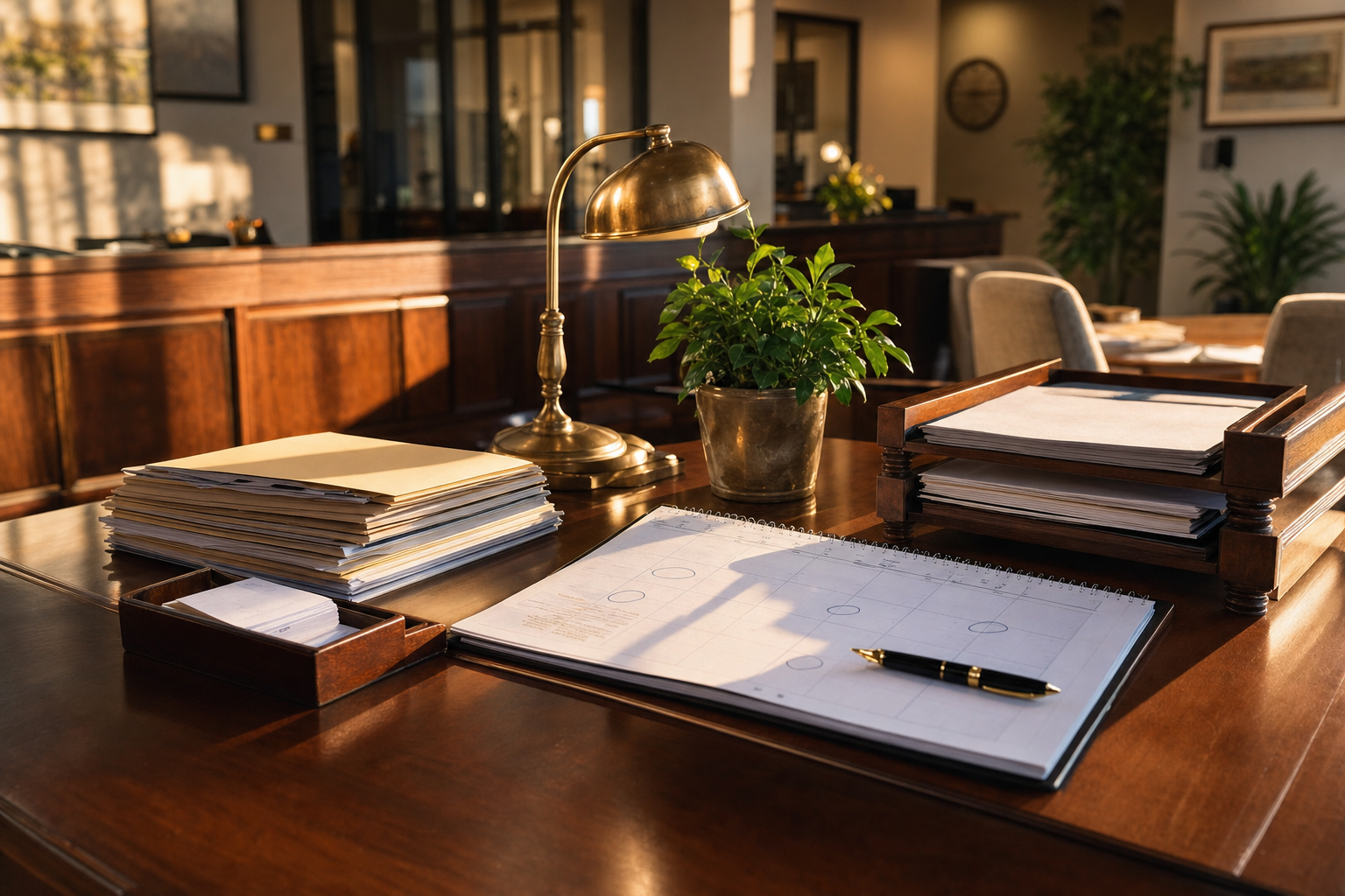 Tax office answering service cost shown through a quiet CPA front desk with paper intake folders, a tax calendar, and neatly routed call notes.