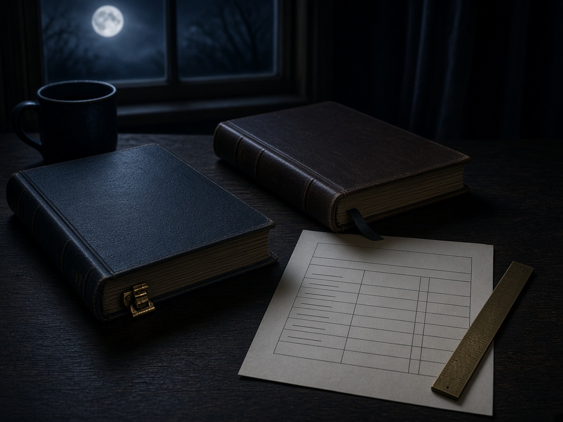 Two ledgers and a printed weekly report on a dark desk with a brass ruler