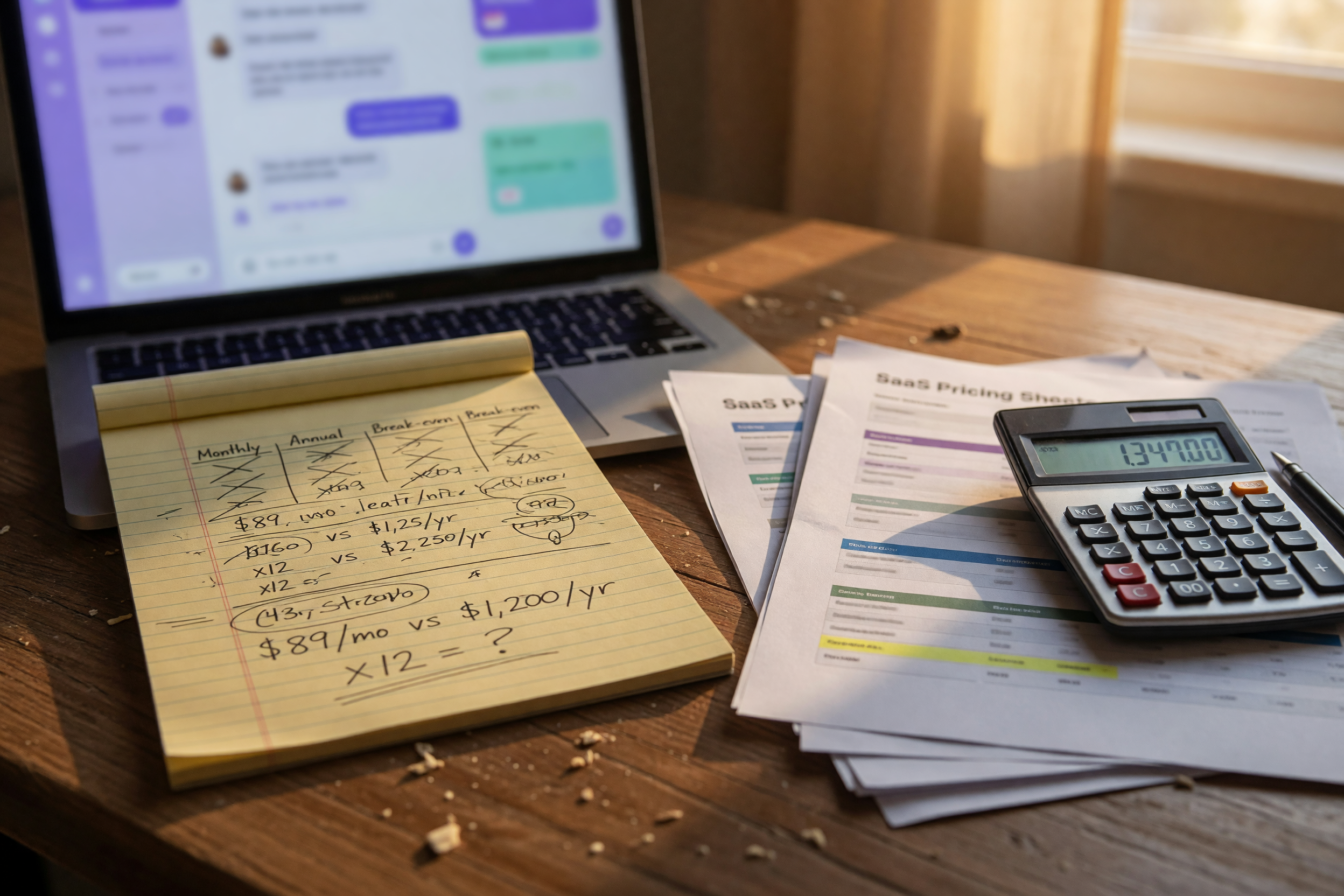 Small business desk with handwritten cost-comparison notes, a calculator, and printed vendor pricing sheets beside a laptop with a blurred chat window, warm afternoon light, subtle violet ambient glow