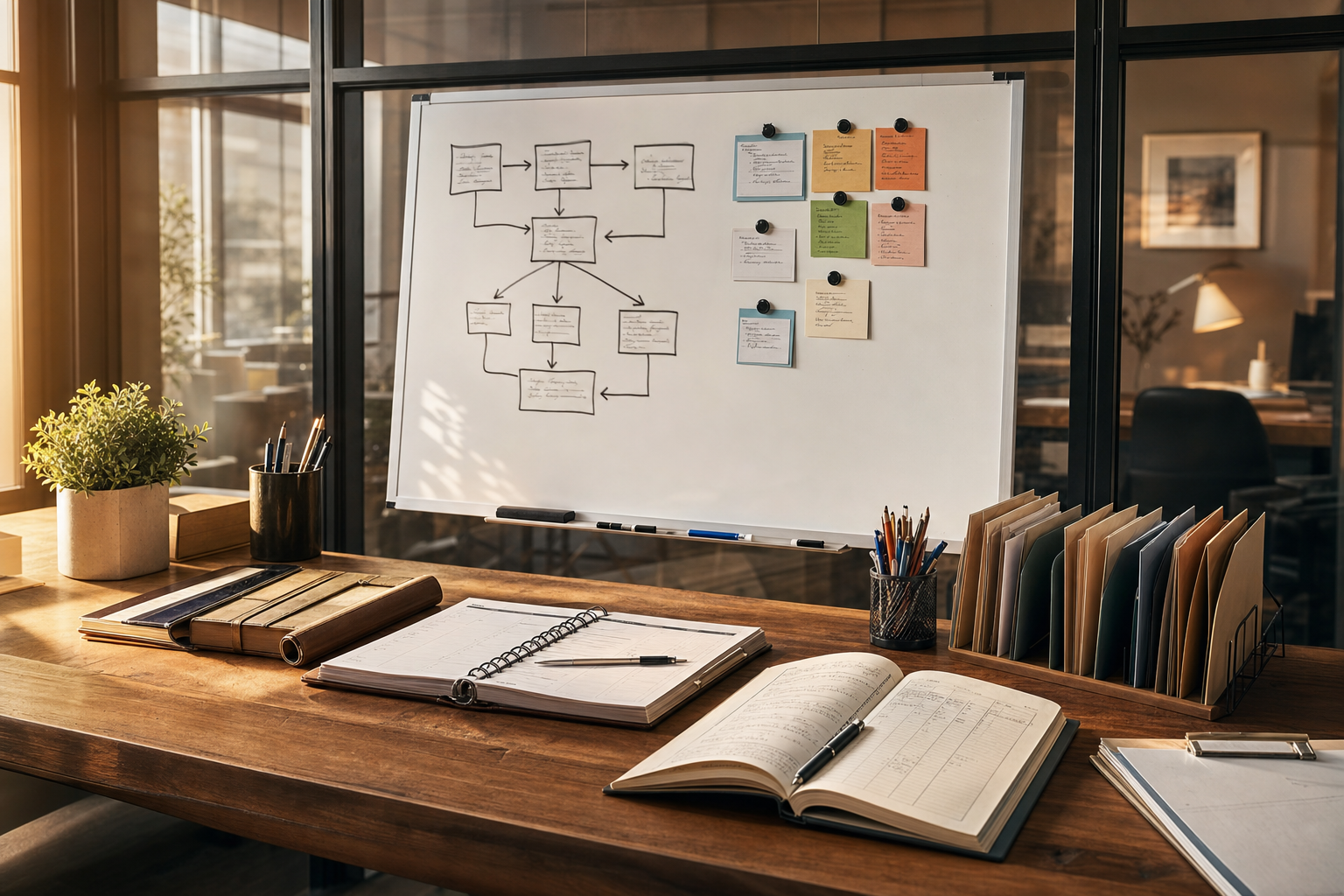 A warm operations desk with a hand-drawn Telegram AI agent workflow map, contact cards, and a paper CRM ledger.