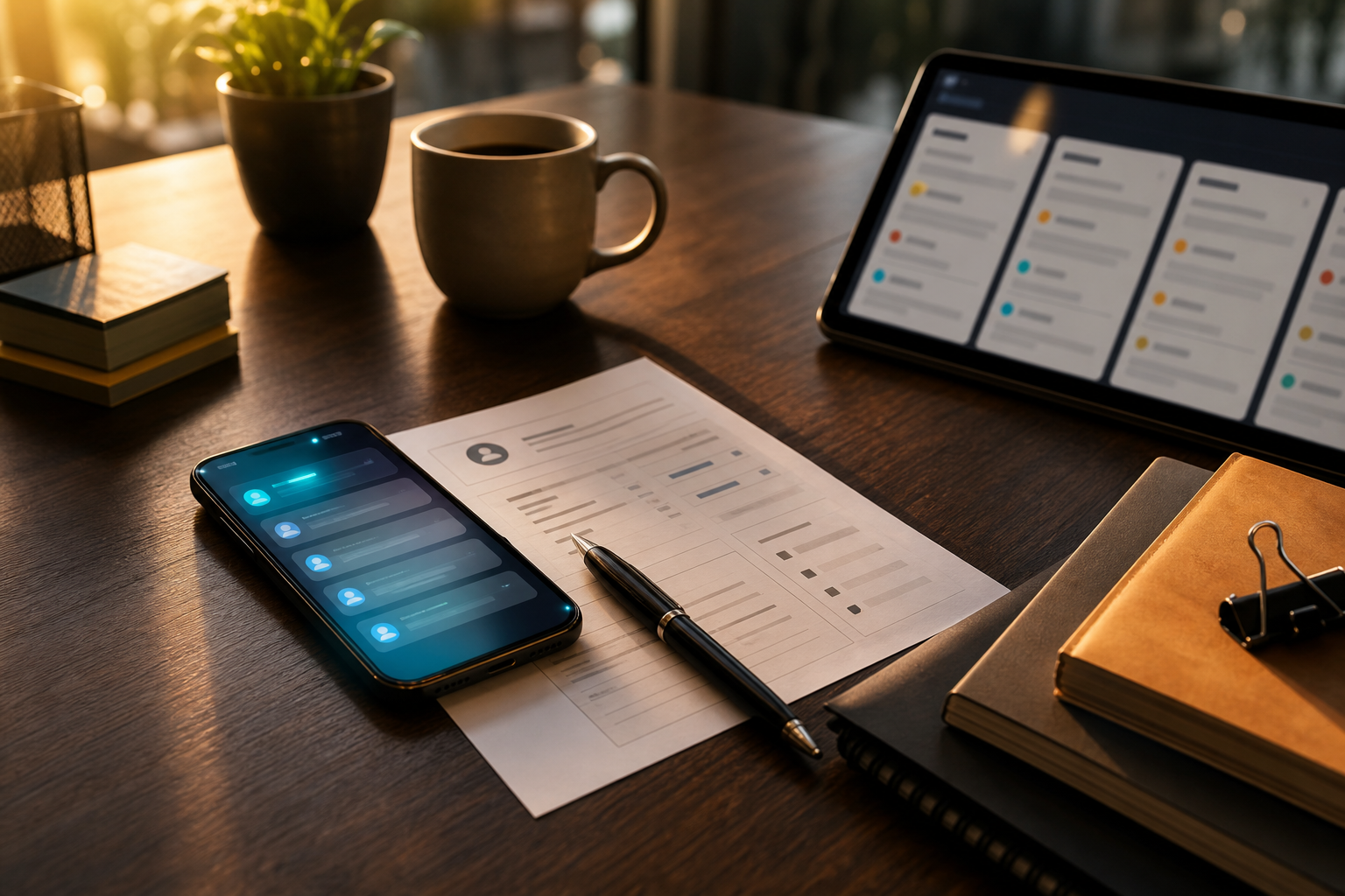 Un escritorio operativo cálido con un teléfono mostrando alertas abstractas de prospectos junto a una hoja de admisión CRM y una tableta, sugiriendo seguimiento por Telegram sin mostrar personas.