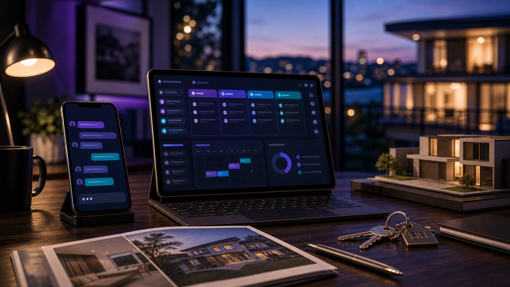 A real estate technology desk with a phone messaging interface, lead pipeline dashboard, property keys, and architectural model