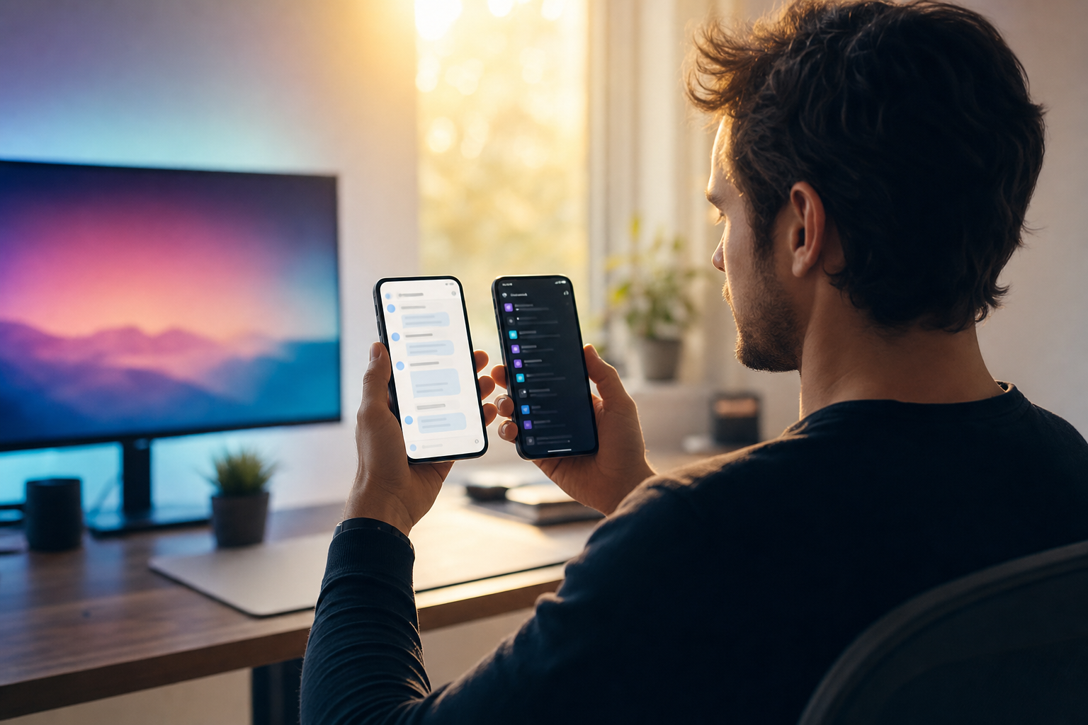 A solo founder at a minimal desk holding two phones side by side, warm golden-hour window light, violet and cyan ambient glow from a monitor behind, shallow depth of field
