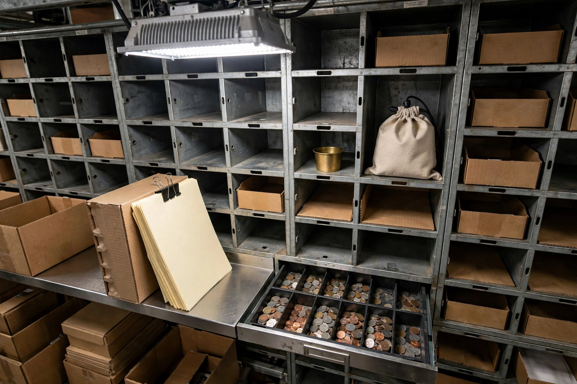 Toast daily close into QuickBooks in a mail-room wall, with an open cash-drawer tray, a clipped stack of guest checks, and a sealed night-drop pouch under overhead industrial light.