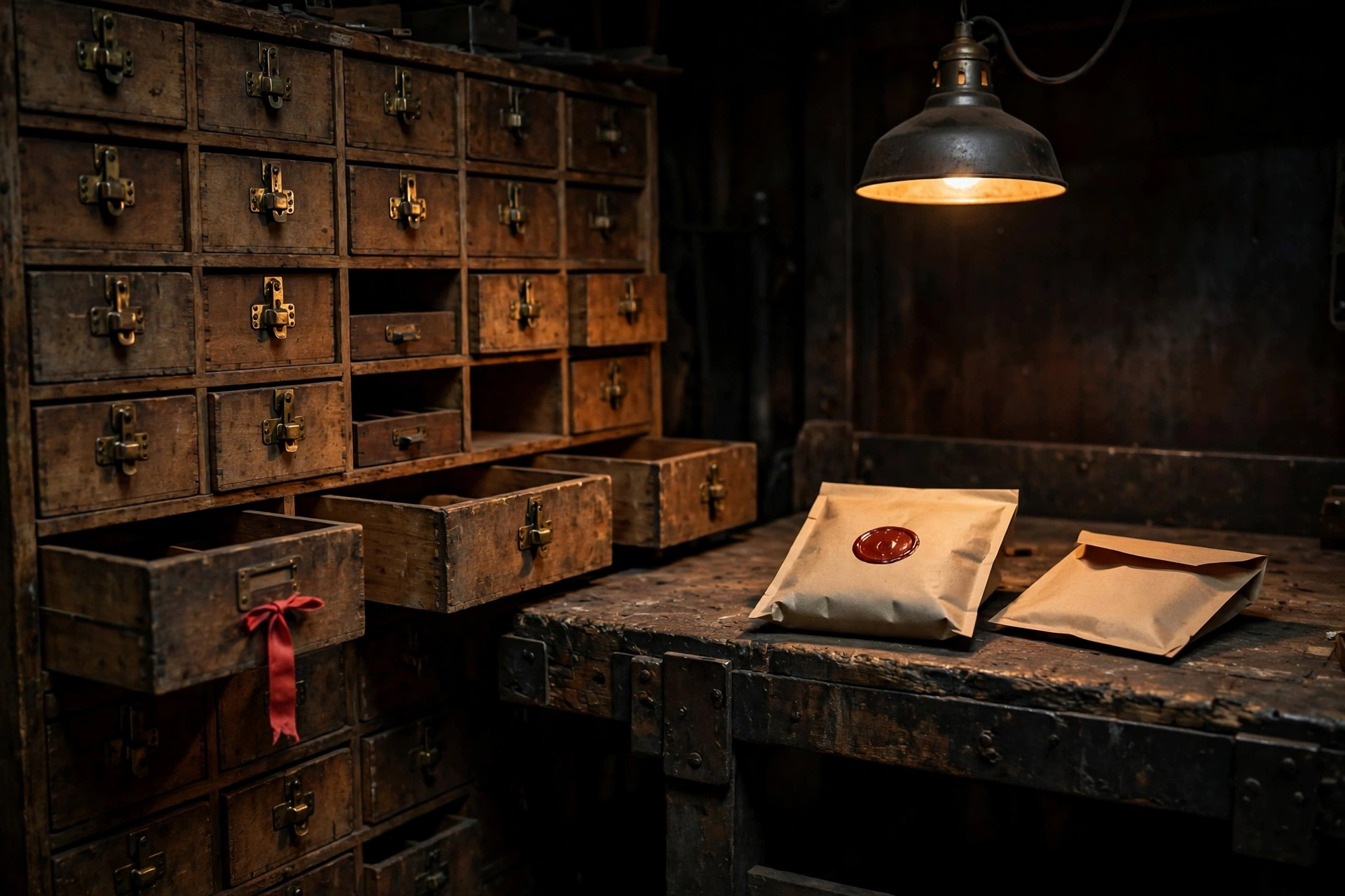 Single warm pendant over a night workshop bench, with latched and open parts drawers, a thick sealed packet beside a thinner open one, and a red inspection ribbon, for tRPC security review cost.