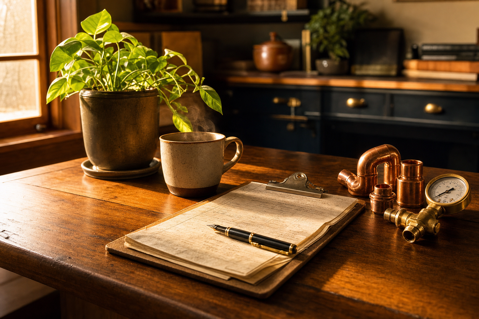 A calm, organized home-service dispatch desk at golden hour with a paper job-order clipboard, copper fittings, and a coffee mug, warm cinematic light, no people.