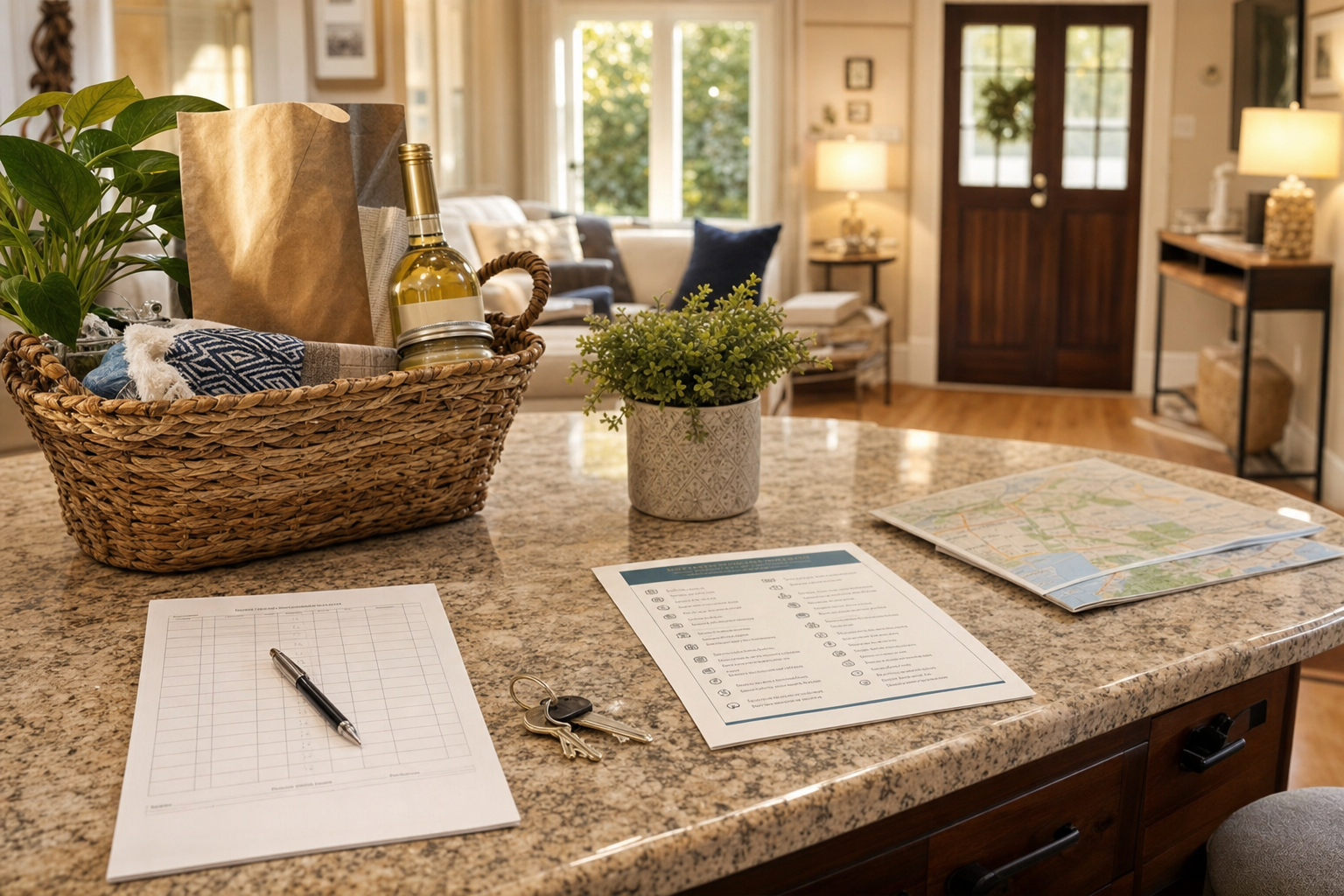 Vacation rental guest follow up shown as an organized paper checkout checklist, guest ledger, and house keys on a warm kitchen island.